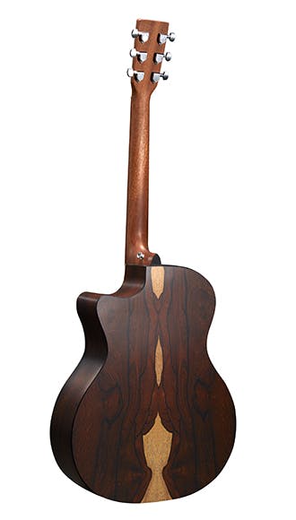 Acoustic guitar shown from the back, featuring dark wood with a unique light wood inlay pattern running vertically down the center.