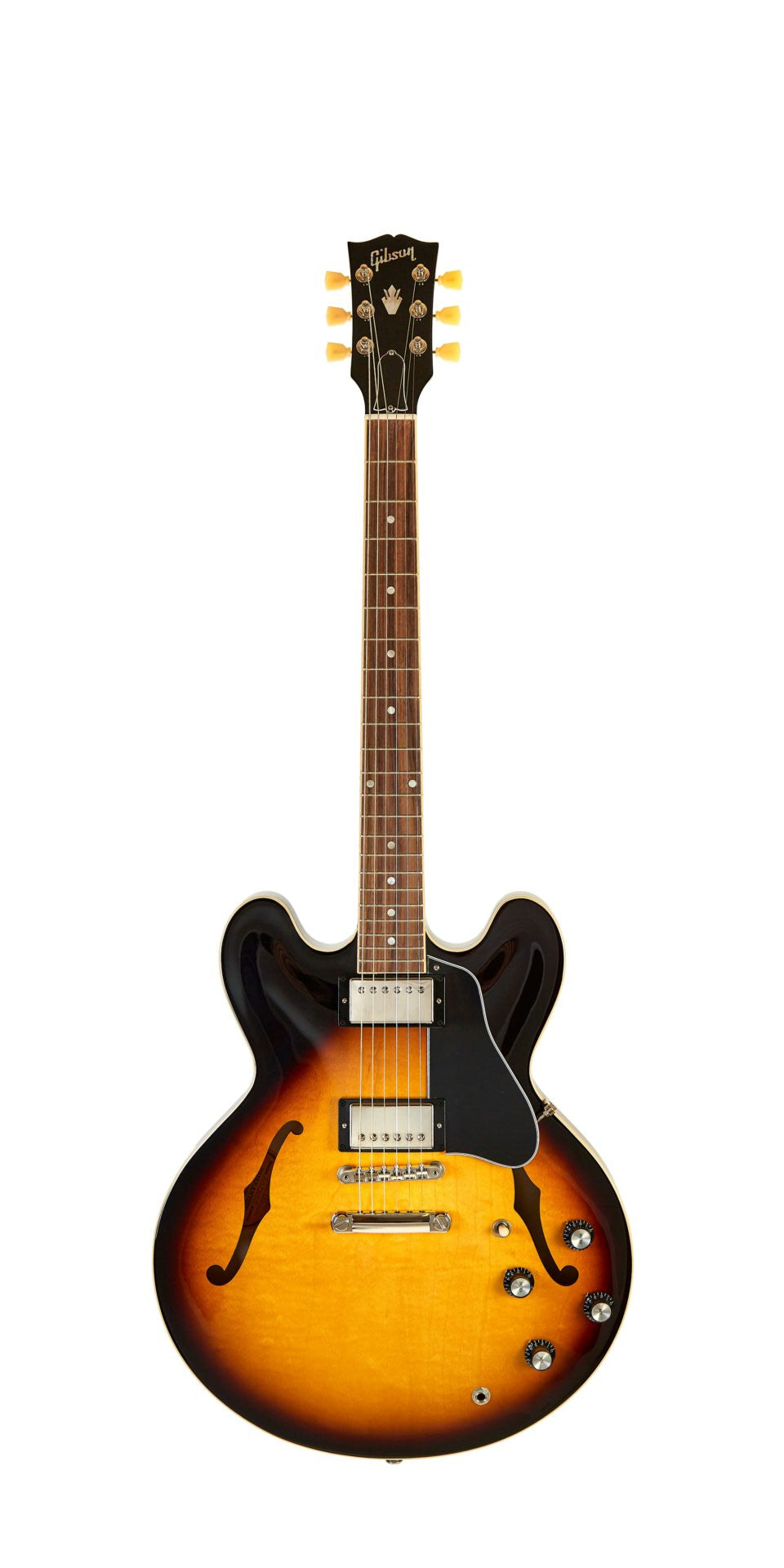 Sunburst semi-hollow electric guitar with dual humbucker pickups, f-holes, four black control knobs, and a black pickguard.