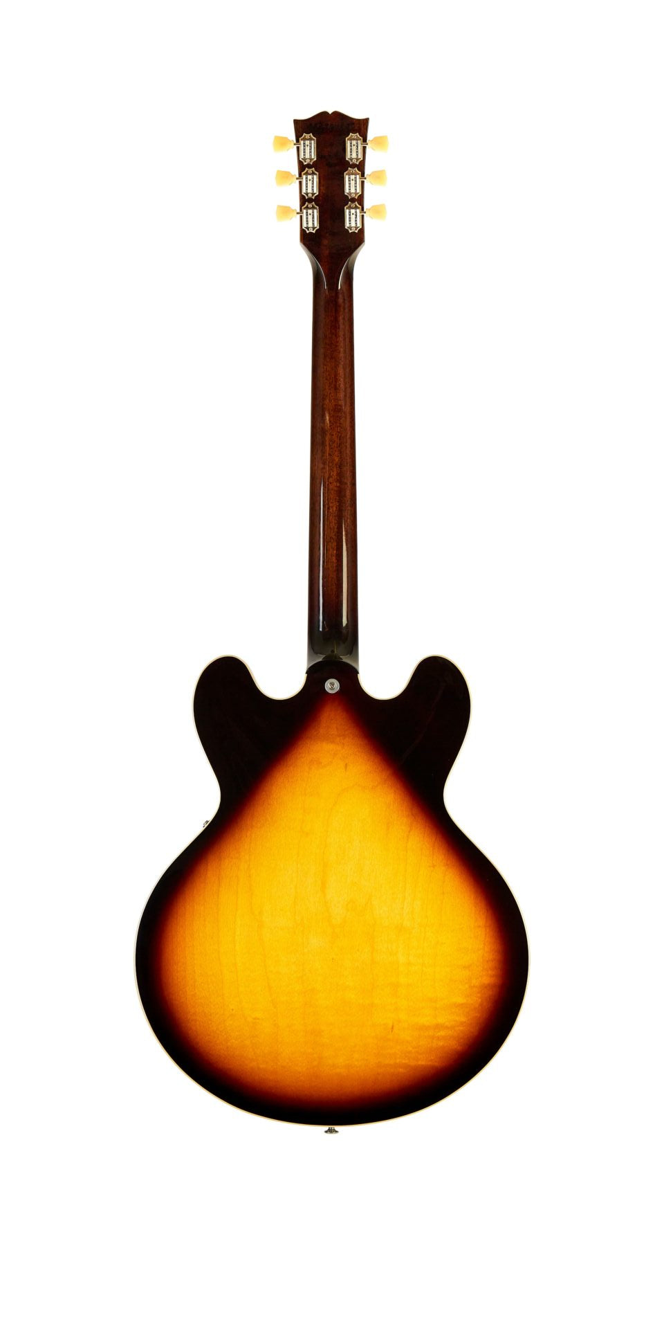 Sunburst-finished semi-hollow electric guitar shown from the back, highlighting a dark-edged, amber center body with a glossy brown neck and six tuners.