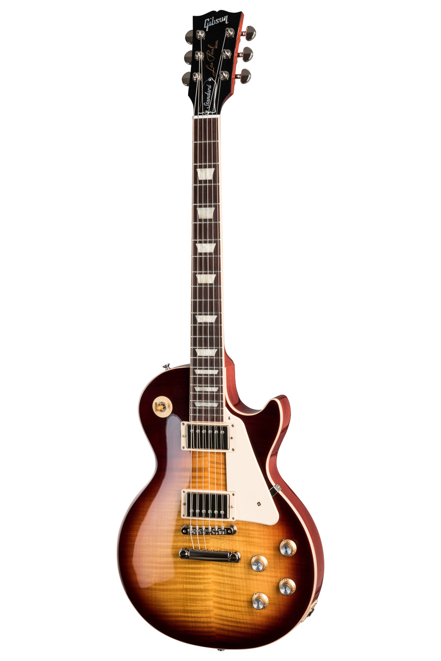 Sunburst Gibson Les Paul electric guitar with a carved top, two humbucker pickups, cream pickguard, four control knobs, and trapezoid inlays.