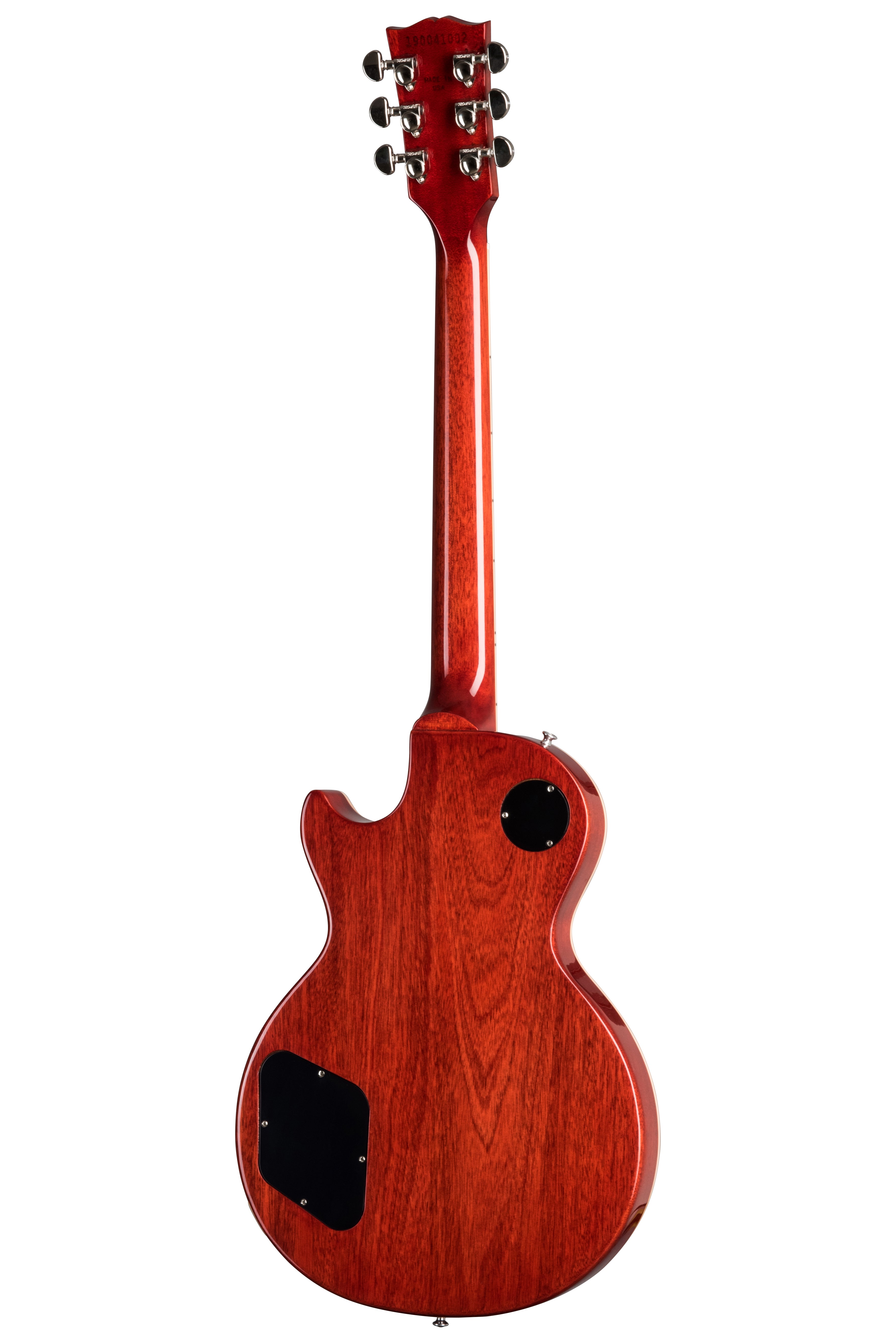 Glossy red electric guitar shown from the back, with chrome tuning pegs and two black electronic cavity covers on the body.