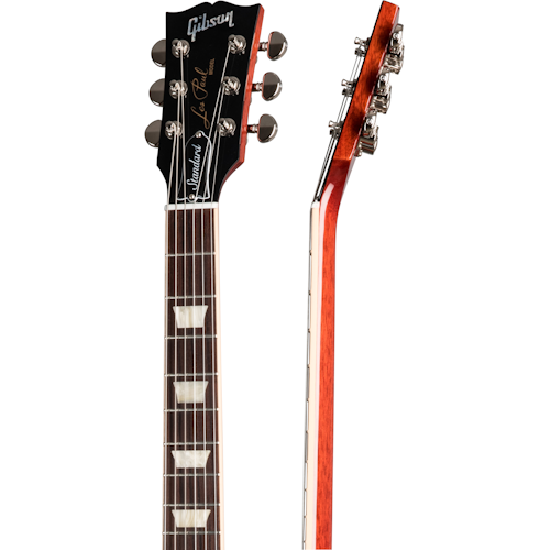 Gibson Les Paul electric guitar neck and headstock, six tuning pegs, trapezoid inlays on a rosewood fretboard, black faceplate with logo.