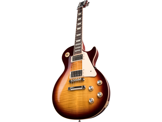Sunburst electric guitar with a single cutaway, cream pickguard, two humbucker pickups, four control knobs, and a rosewood fretboard.