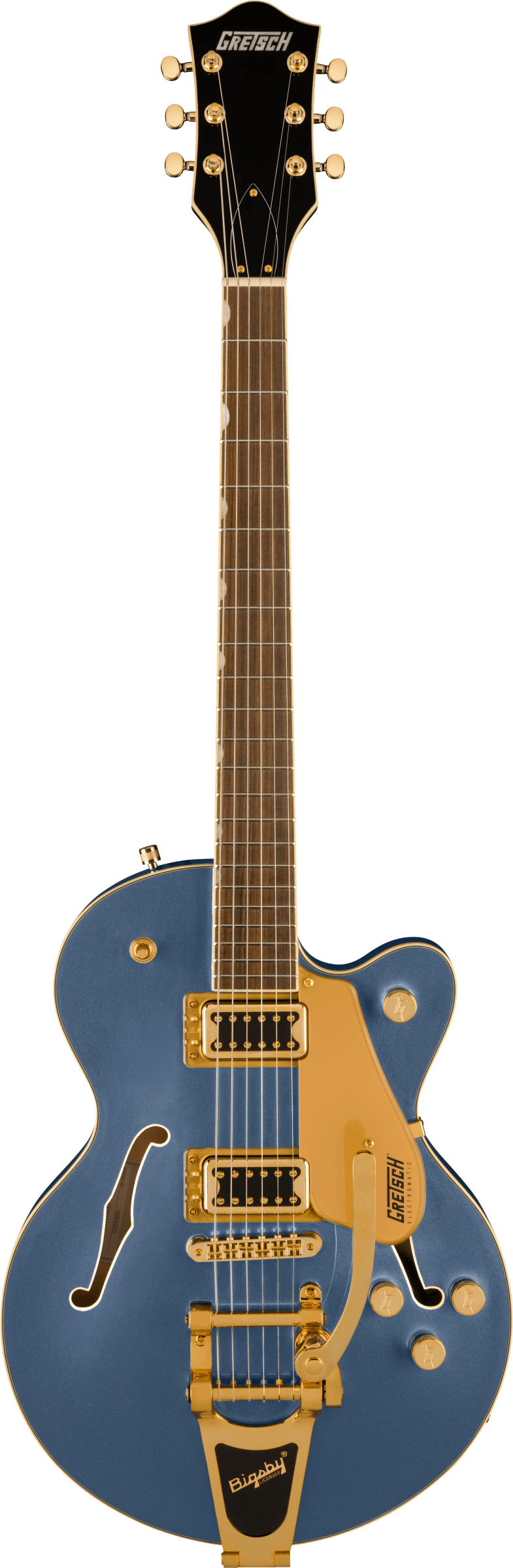 Gretsch electric guitar in metallic blue with a gold pickguard, gold hardware, dual pickups, two f-holes, and a Bigsby tremolo arm.