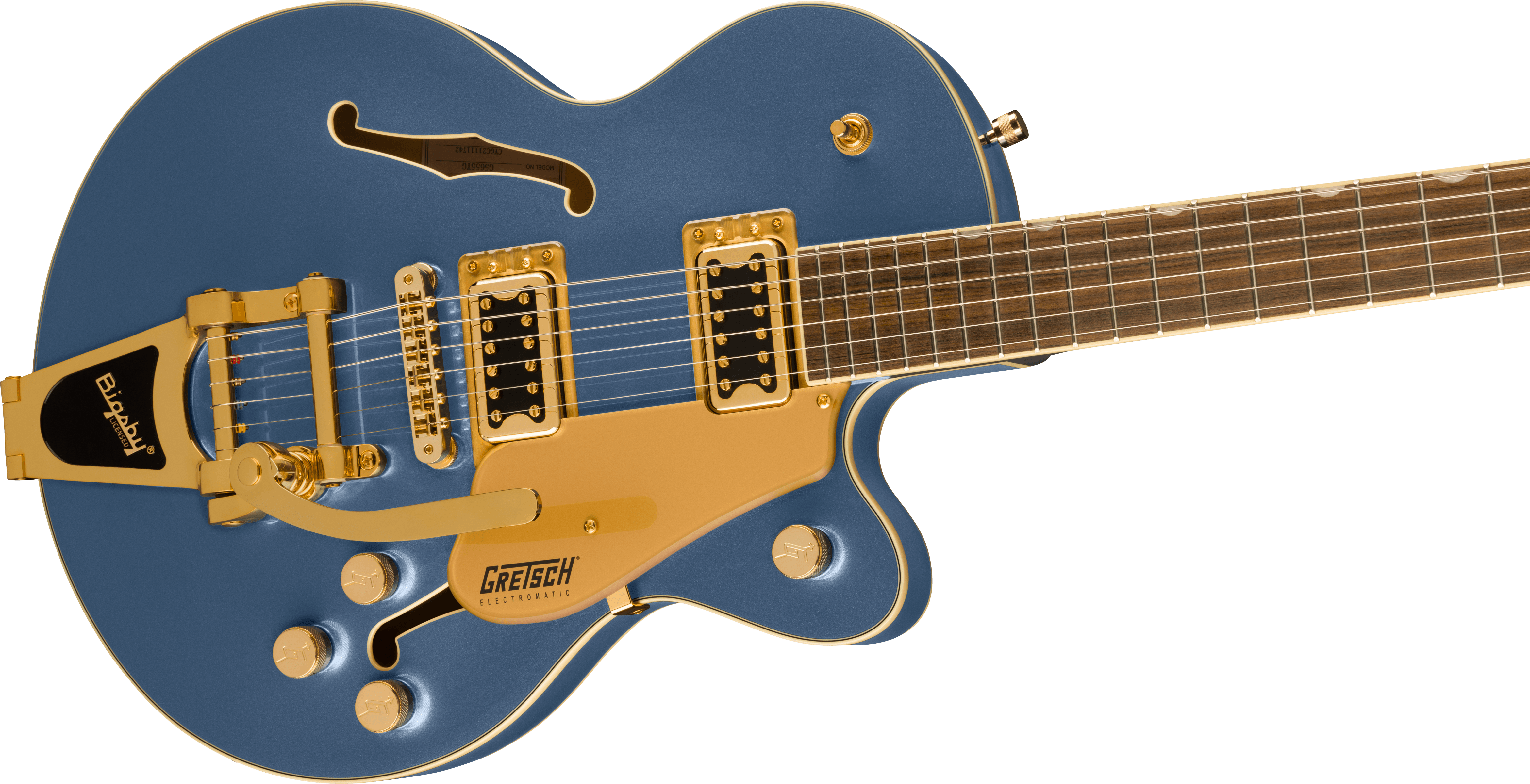 Blue electric guitar with gold hardware, dual humbucker pickups, f-hole, Bigsby tremolo, and Gretsch Electromatic branding on the pickguard.