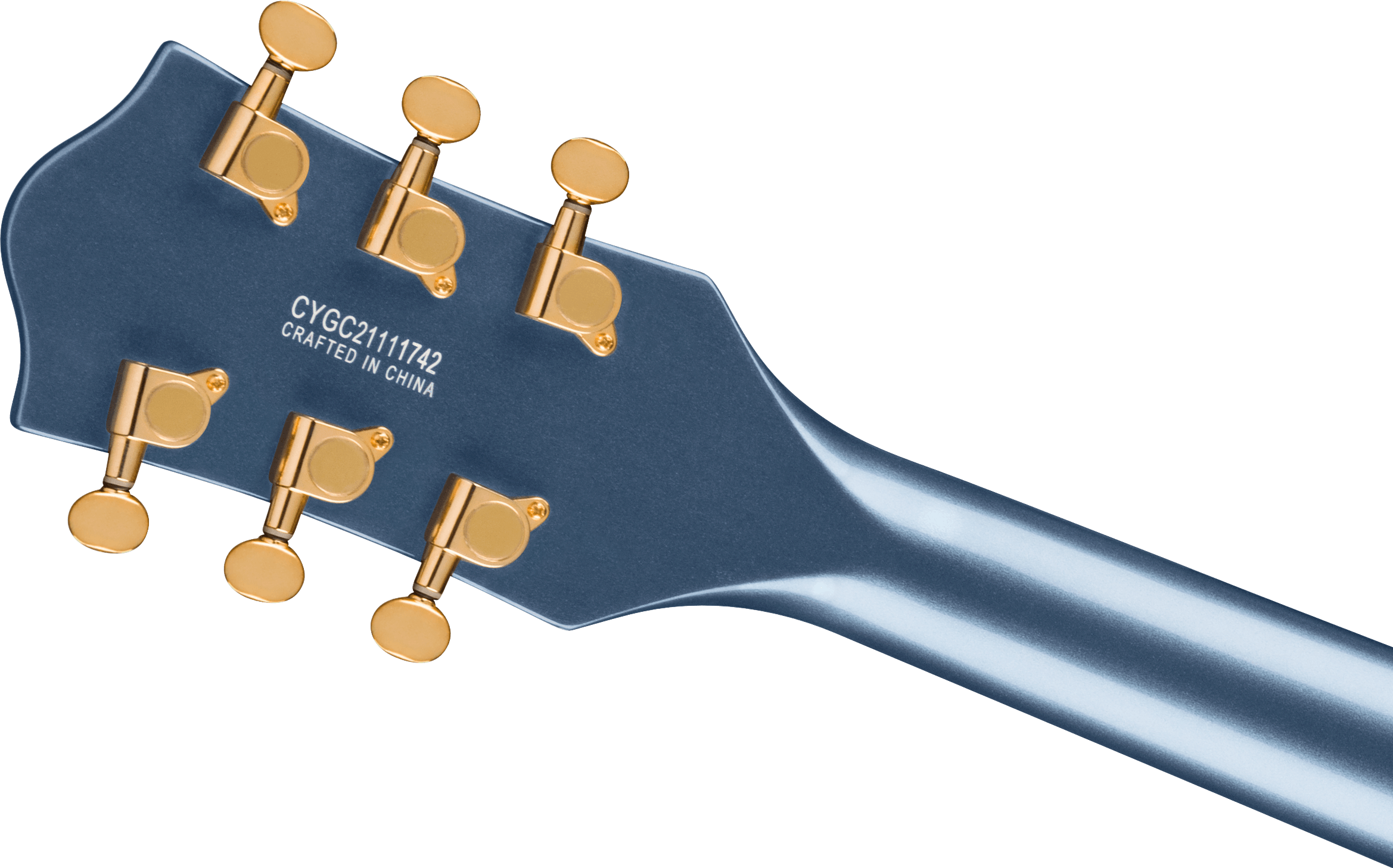 Six gold tuning pegs on a metallic blue electric guitar headstock; serial number and "Crafted in China" text visible.