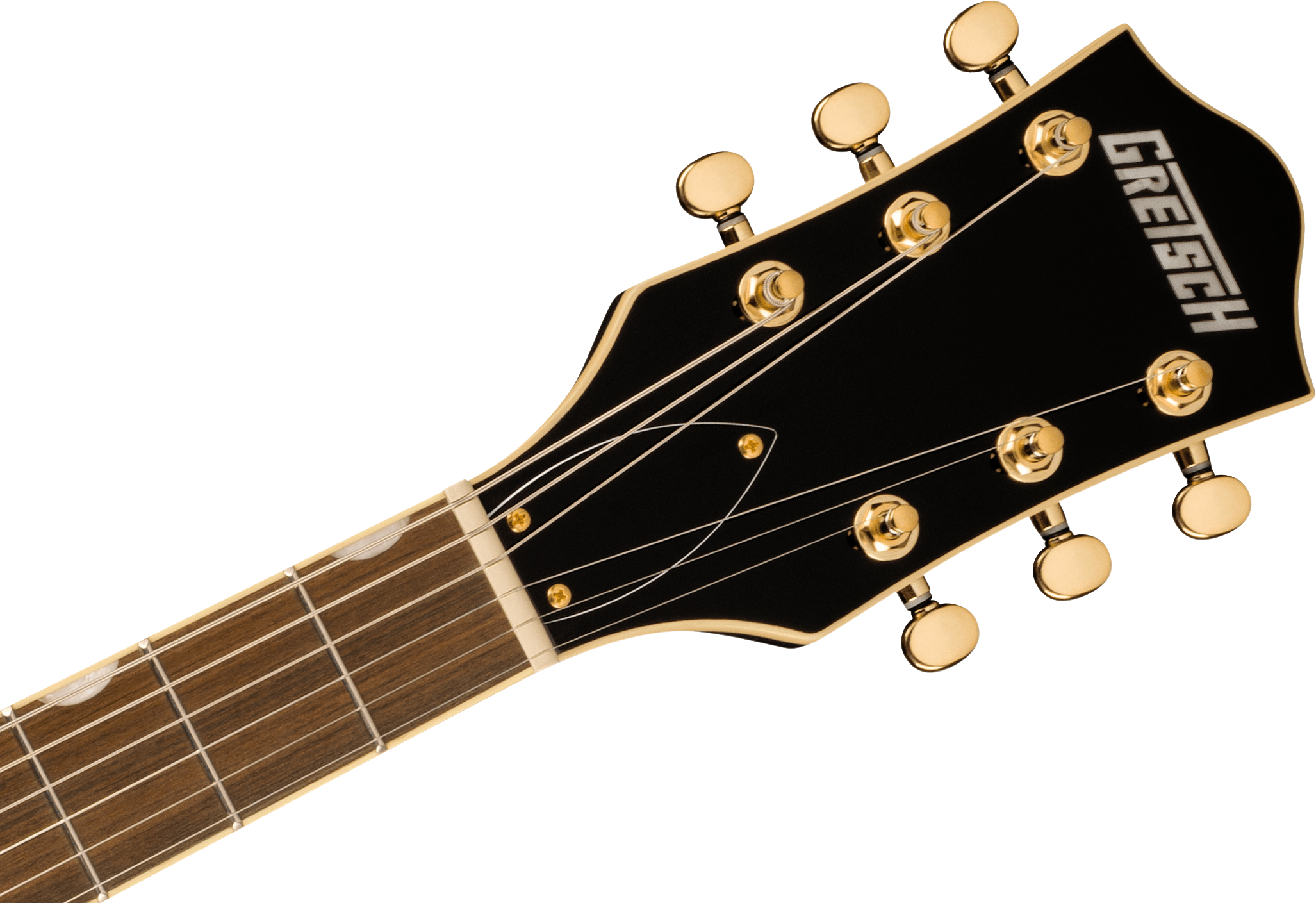 Electric guitar headstock with gold tuning pegs, black faceplate, and "Gretsch" logo in white; visible rosewood fretboard.