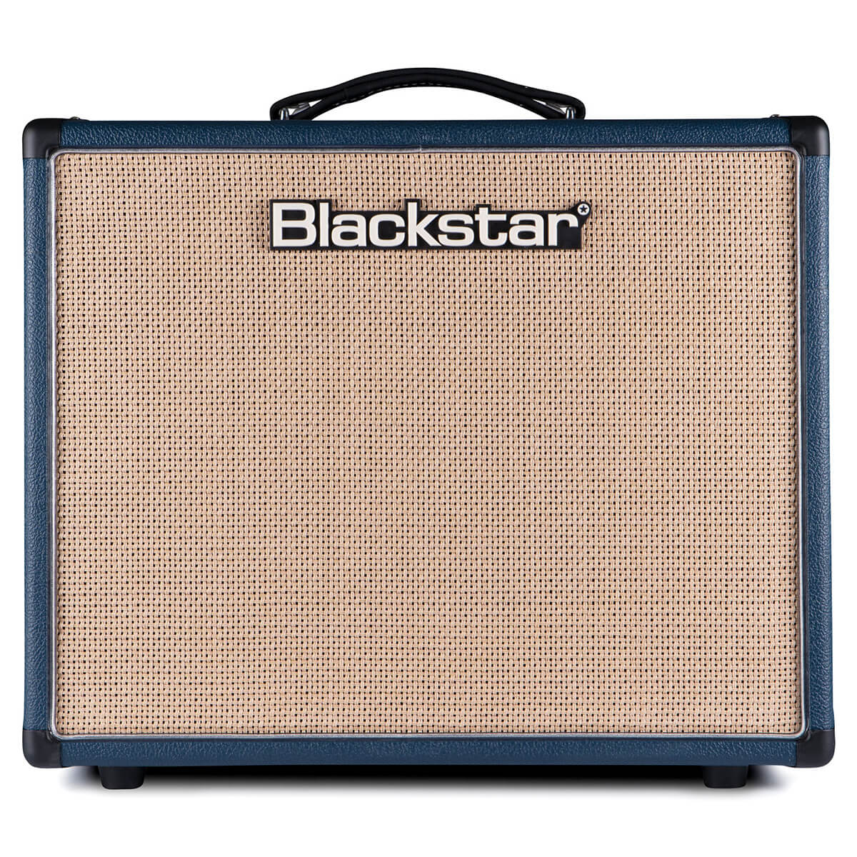 Blackstar amplifier with a tan woven front grille, black handle on top, and dark blue edges. The Blackstar logo is centered near the top.