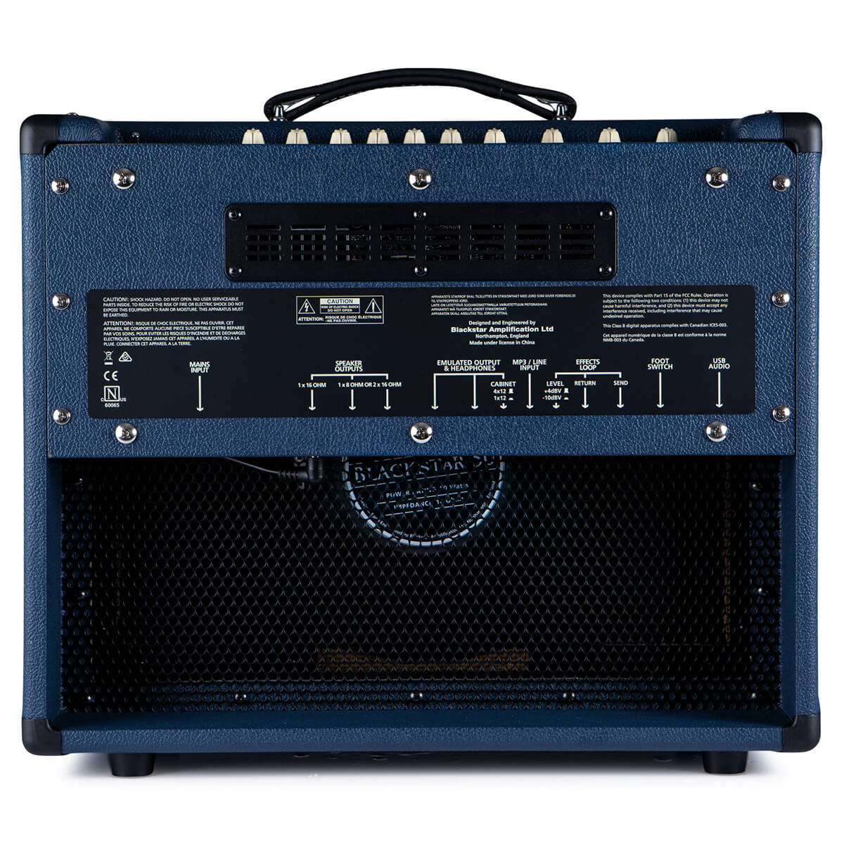 Blue guitar amplifier rear view with labeled inputs and outputs, visible speaker through mesh, black handle on top, and white control knobs partially visible.