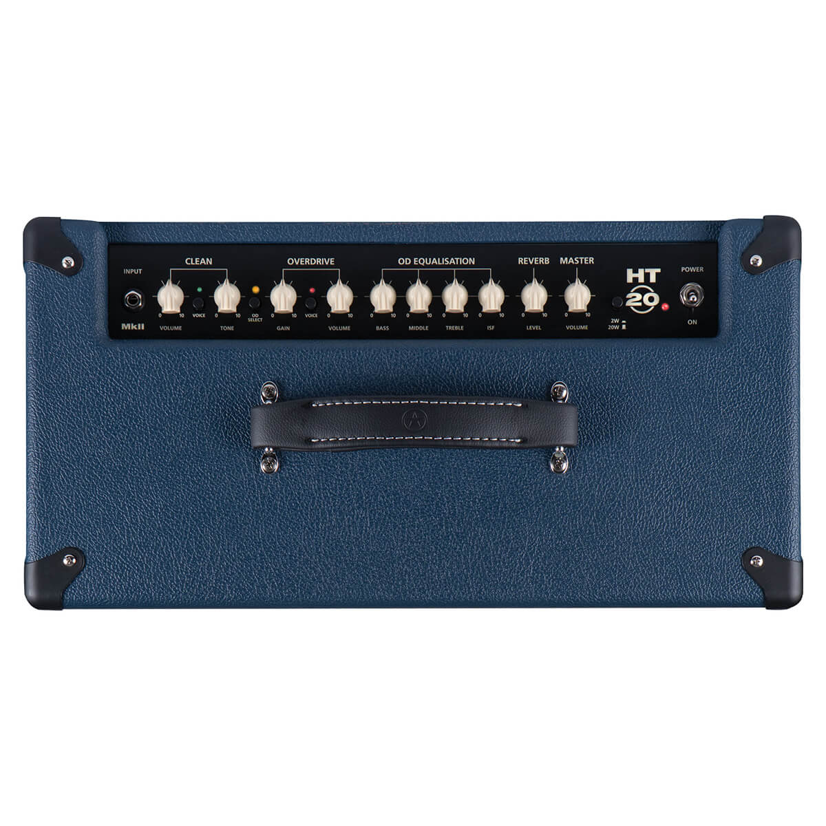 Dark blue guitar amplifier with a top panel featuring multiple white control knobs and a black leather handle secured by metal fasteners.