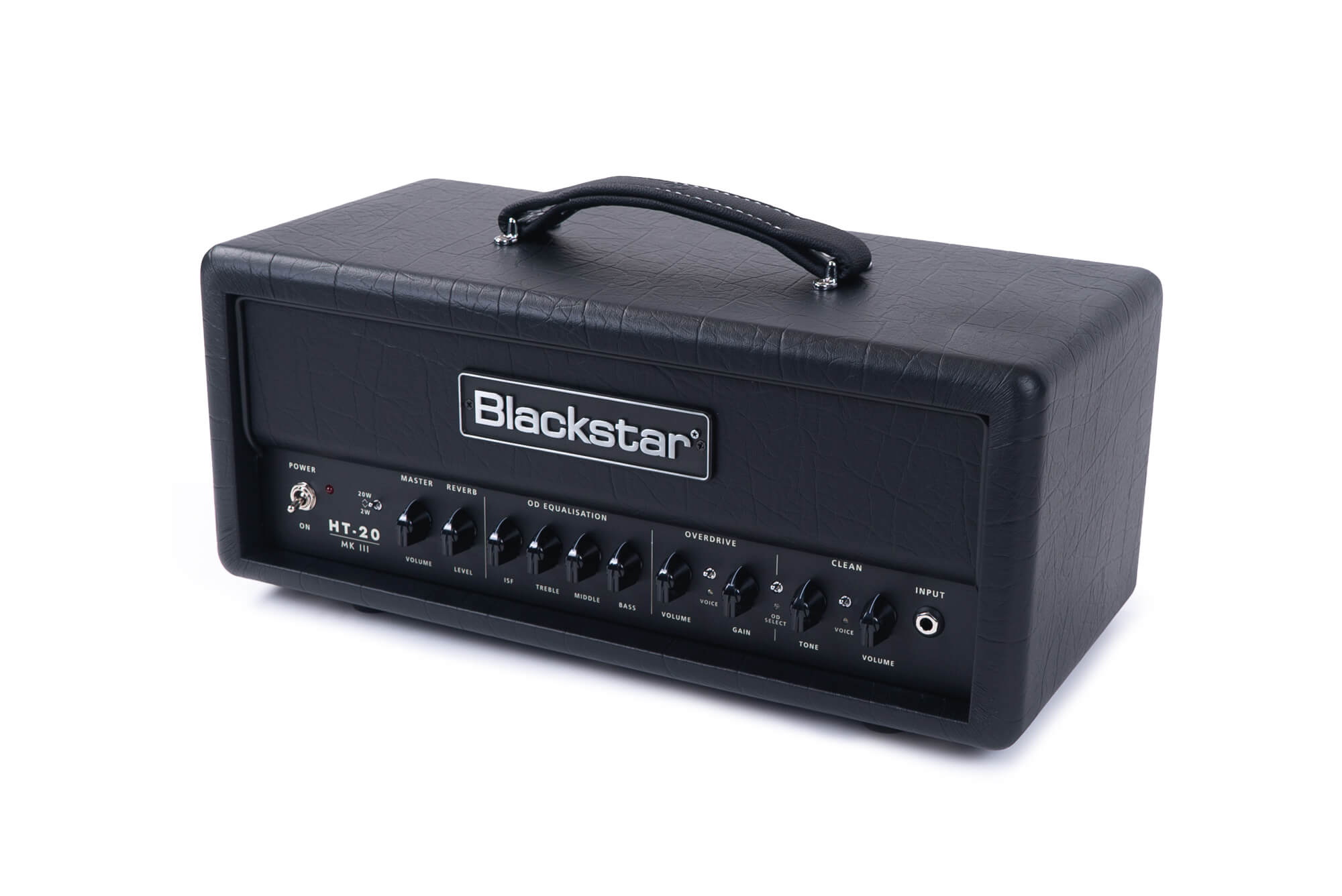 Blackstar guitar amp head in black, labeled HT-20 MK III, with control knobs, input jack, and sturdy handle on top.