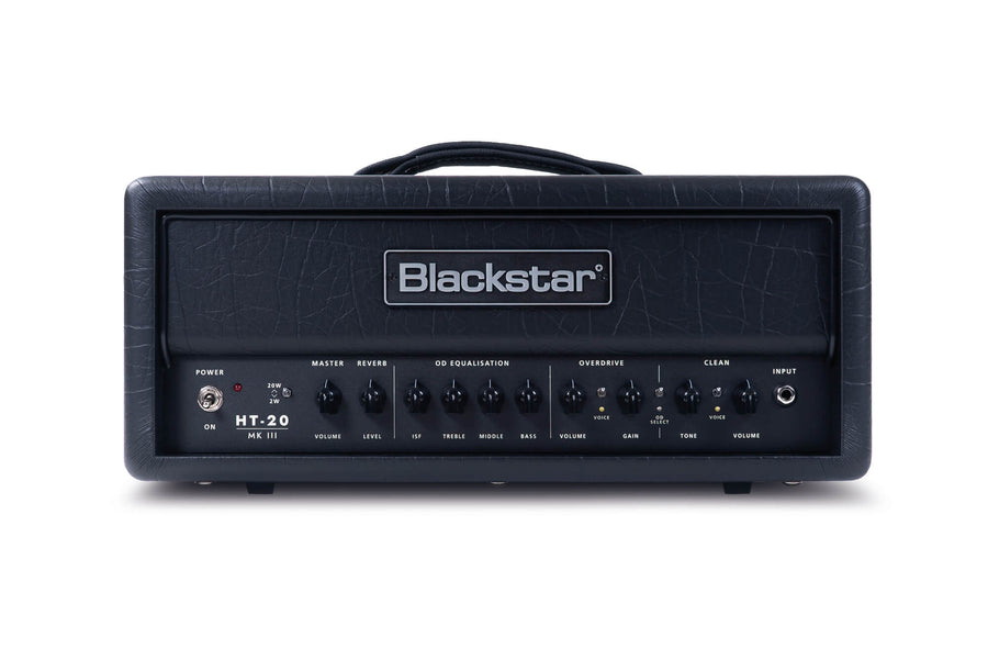 Tête d’ampli guitare Blackstar HT-20, noire, avec bouton marche, nombreux réglages rotatifs et interrupteurs, poignée sur le dessus.