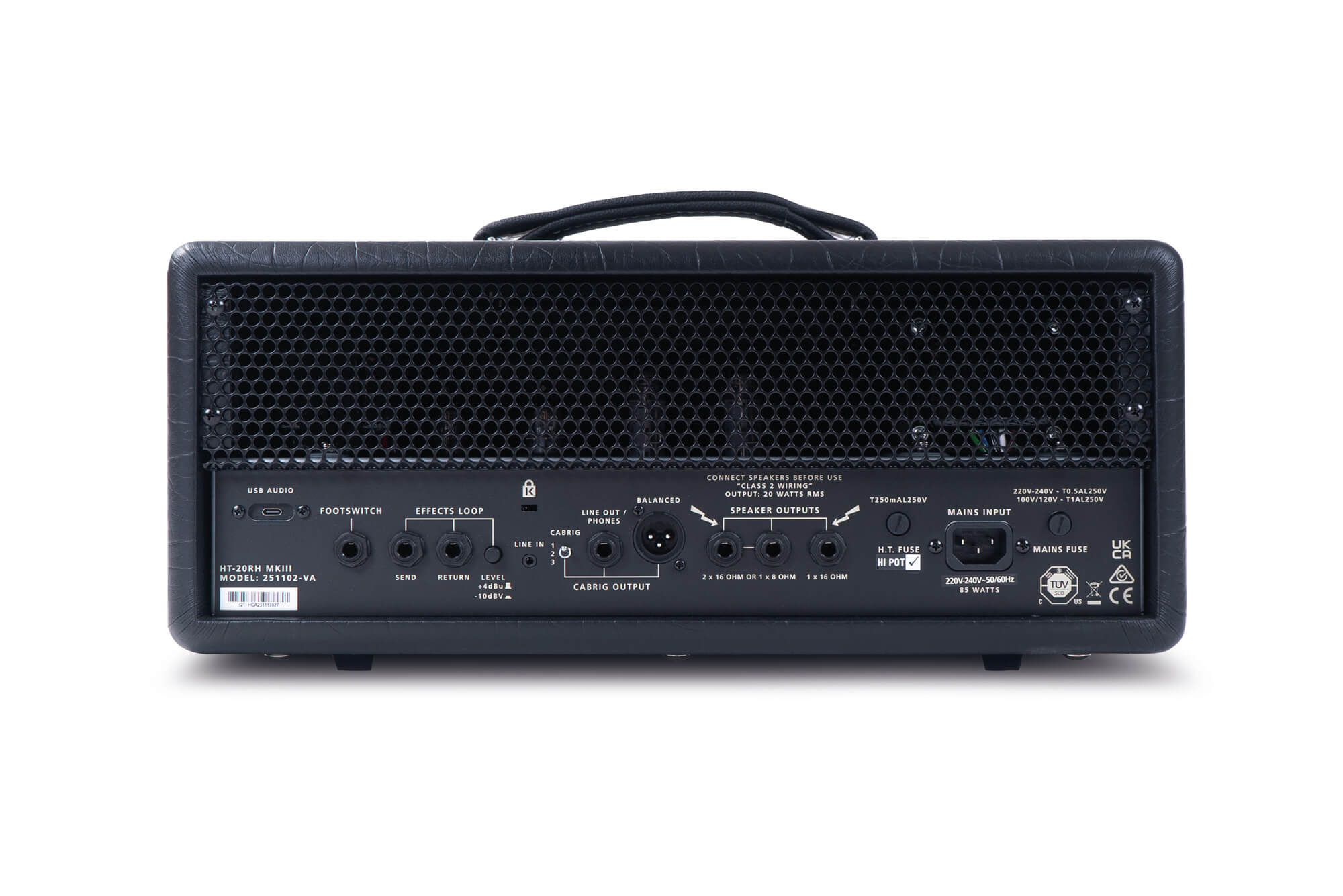 Rear panel of a Blackstar guitar amp head showing input/output jacks, speaker outputs, fuse holders, and power input socket.