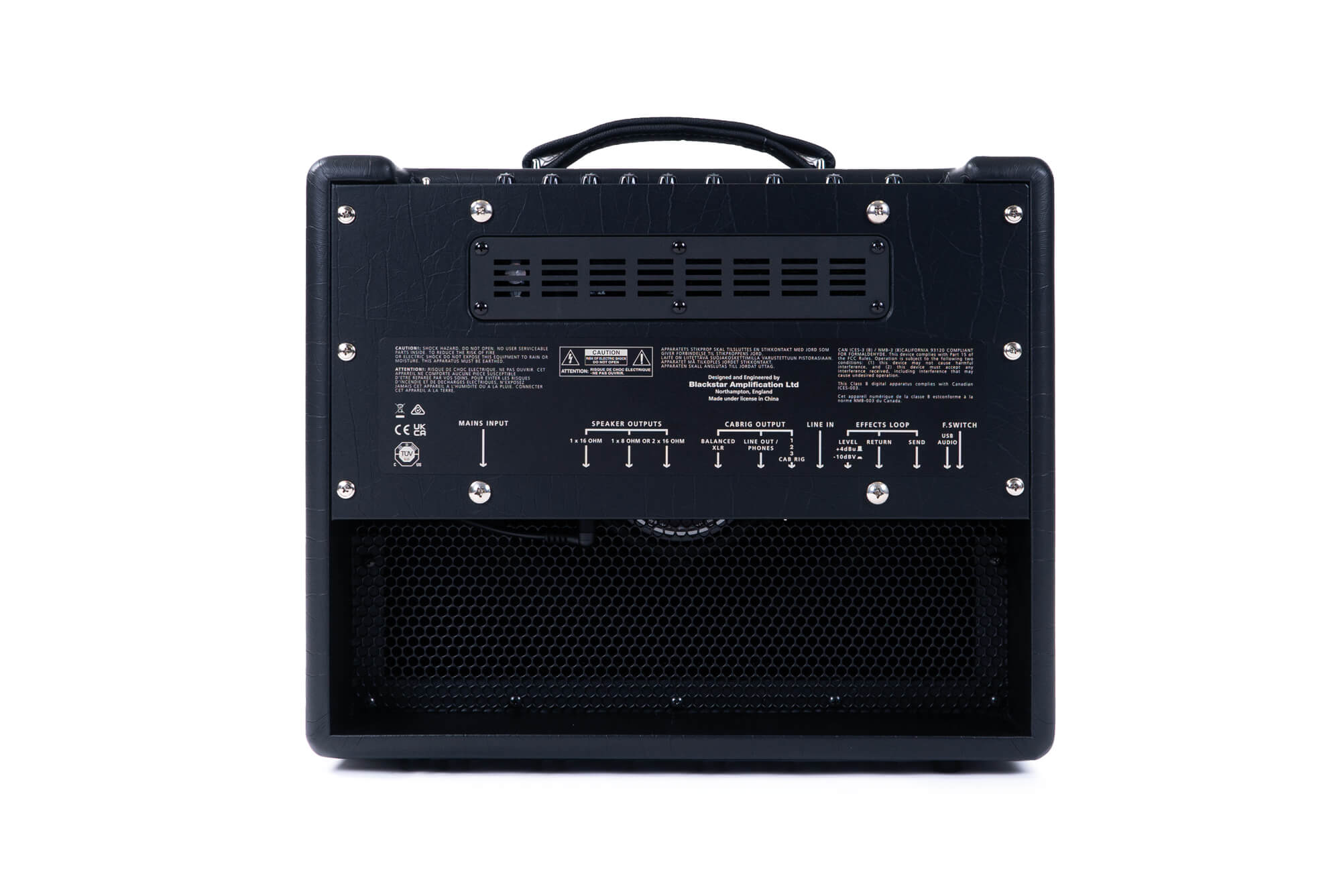 Rear view of a rectangular amplifier showing multiple labeled input and output ports, vent grill, power input, and sturdy carrying handle on top.