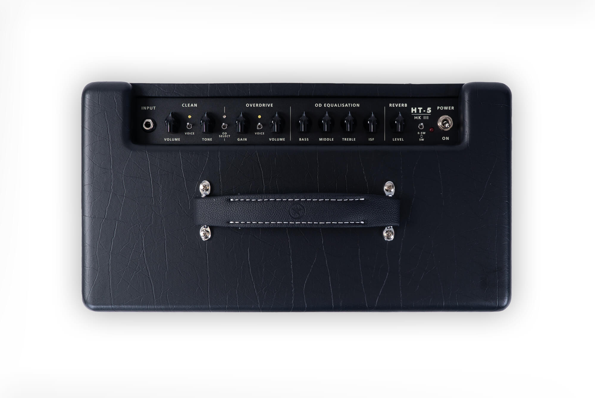Black amplifier top panel with control knobs for volume, tone, gain, equalization, reverb, power switch, and a central leather carrying handle.