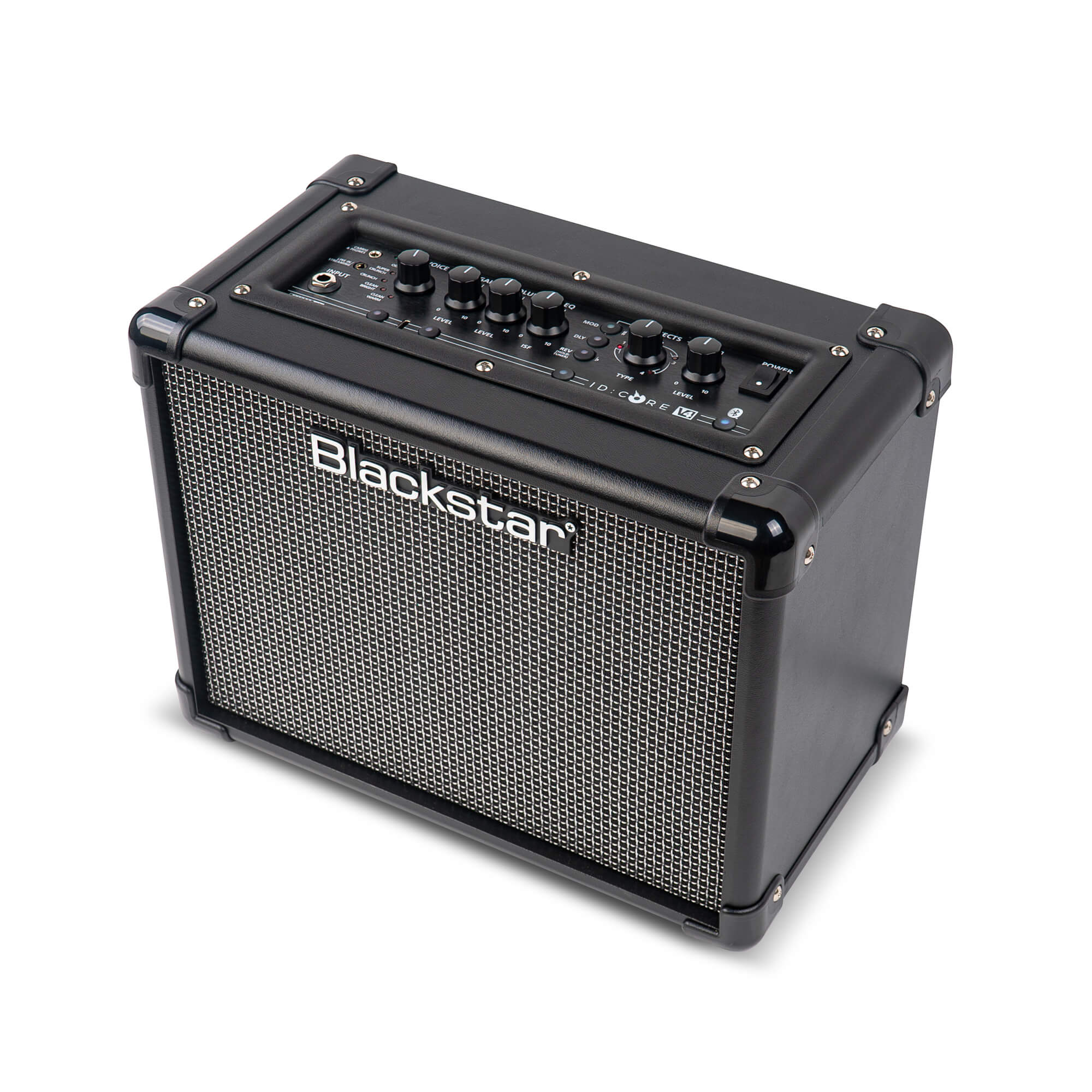 Blackstar amplifier, rectangular, black with a metal front grille and control knobs on top for adjusting sound and settings.