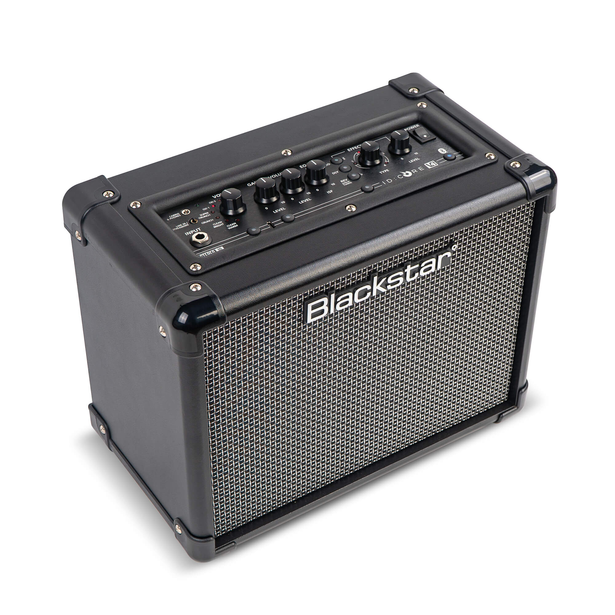 Black rectangular Blackstar amplifier with control knobs and input jacks on top panel, metal corner protectors, and a silver mesh front grille.