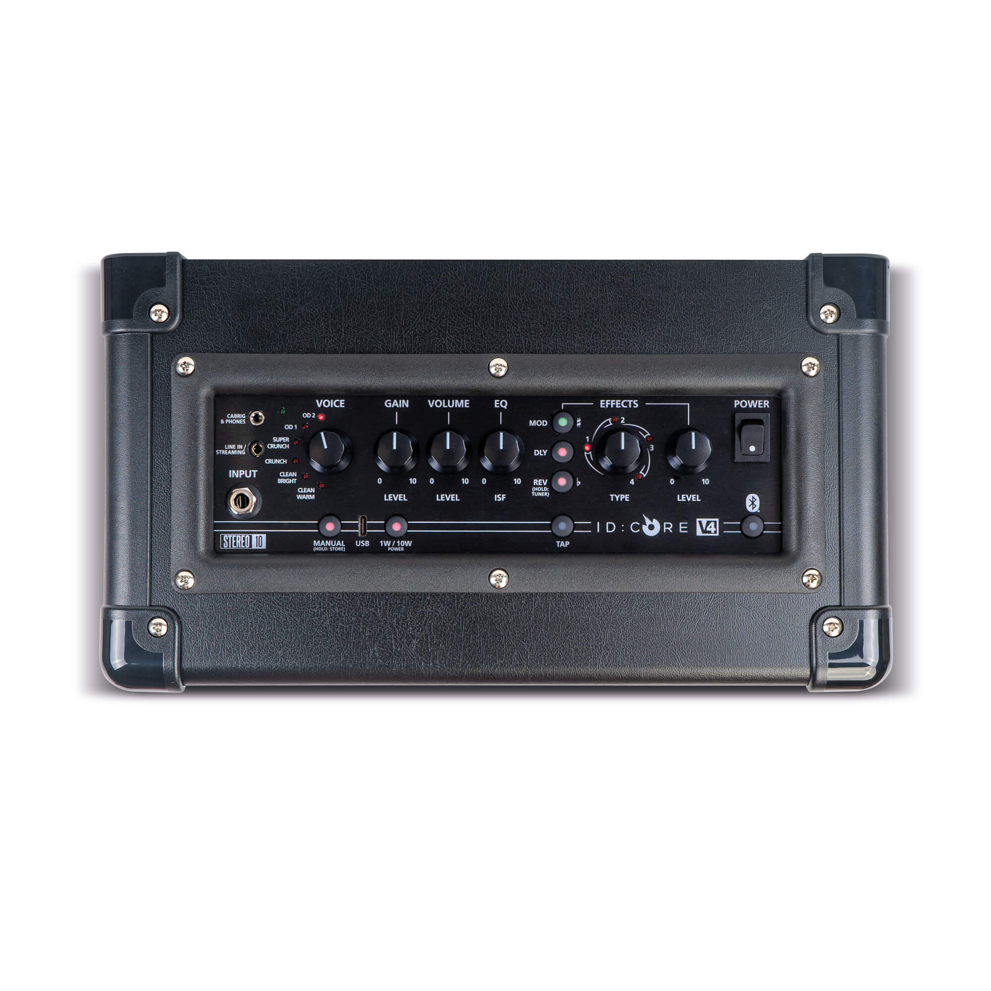 Black amplifier with a front control panel featuring knobs for voice, gain, volume, EQ, effects, input jack, switches, and power button.