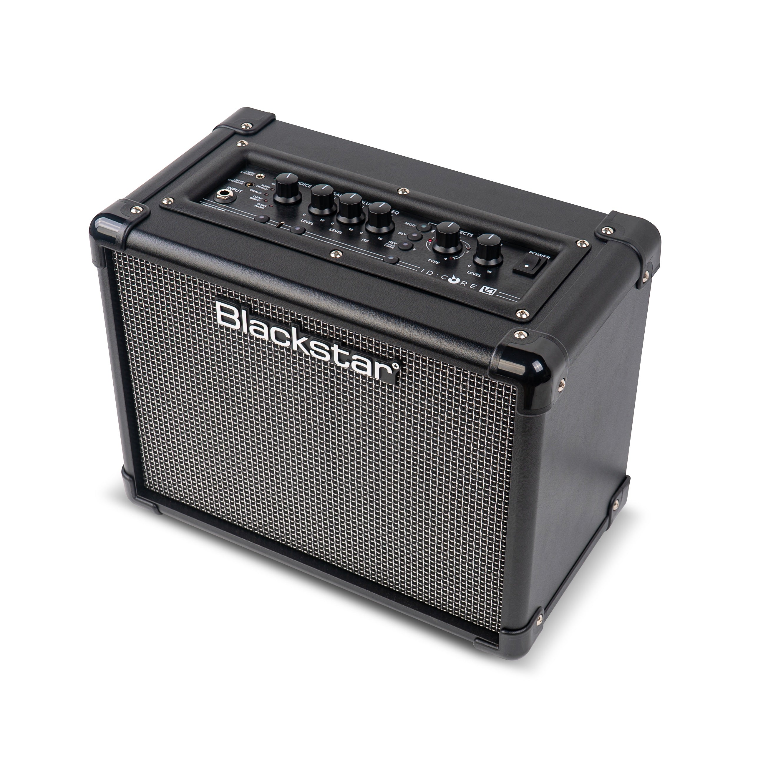 Amplificateur noir compact avec grille argentée, marque Blackstar, plusieurs boutons de réglage sur le dessus et coins protégés par des renforts noirs.