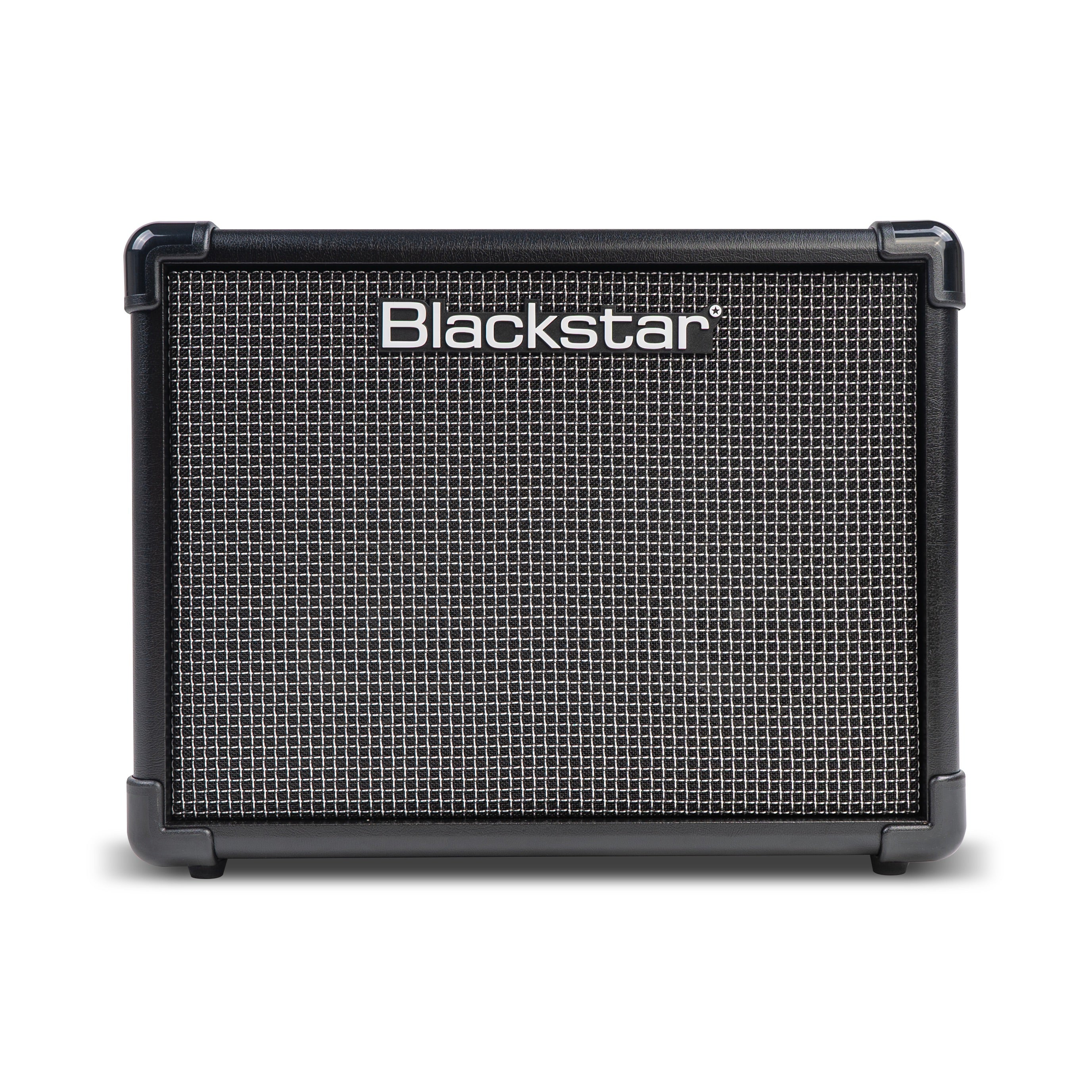 Amplificateur rectangulaire noir, grille en tissu gris à motifs carrés et logo Blackstar blanc centré en haut.