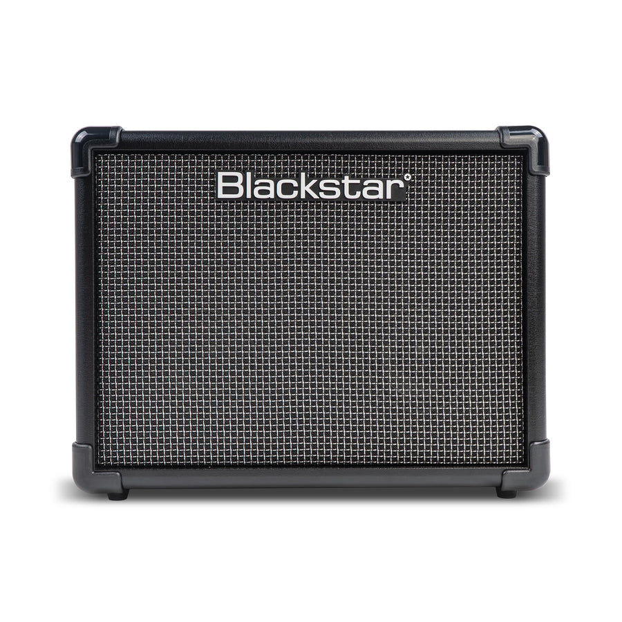 Amplificateur rectangulaire noir, grille en tissu gris à motifs carrés et logo Blackstar blanc centré en haut.