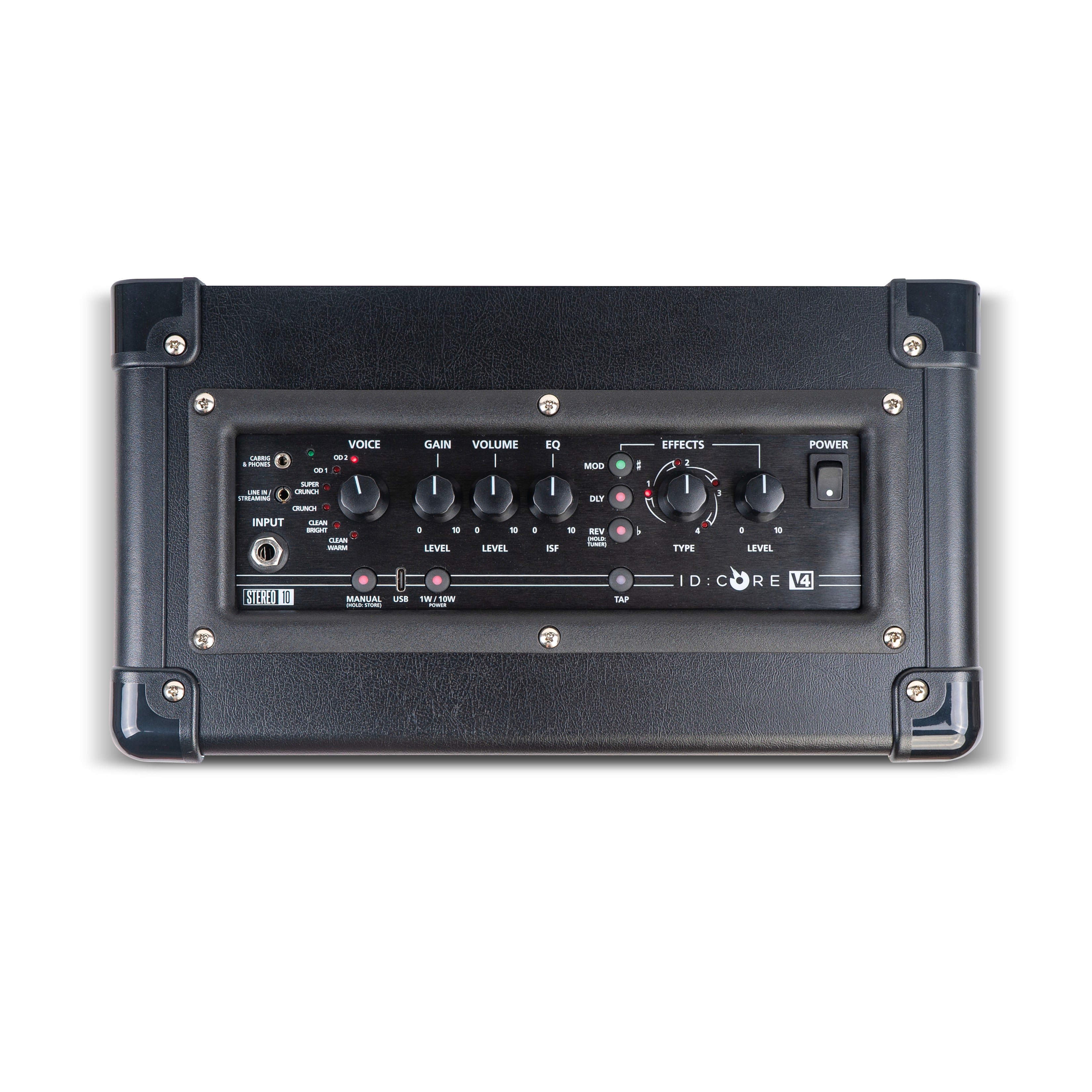 Ampli noir avec panneau de commande en façade, boutons pour gain, volume, égalisation, effets et plusieurs voyants lumineux, entrée jack à gauche.