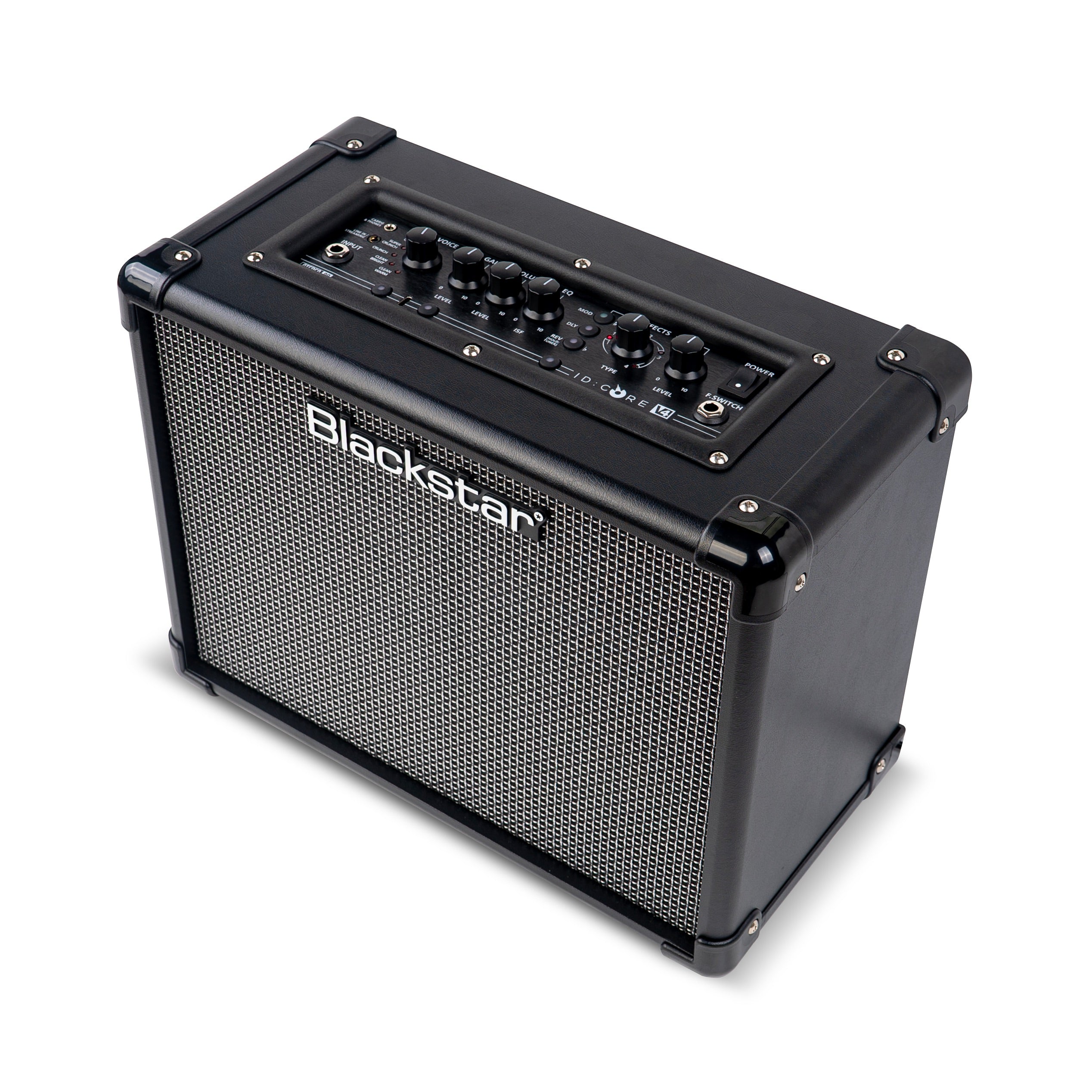 Blackstar amplifier with a black case, metal front grille, and control knobs panel on top featuring various dials and buttons.
