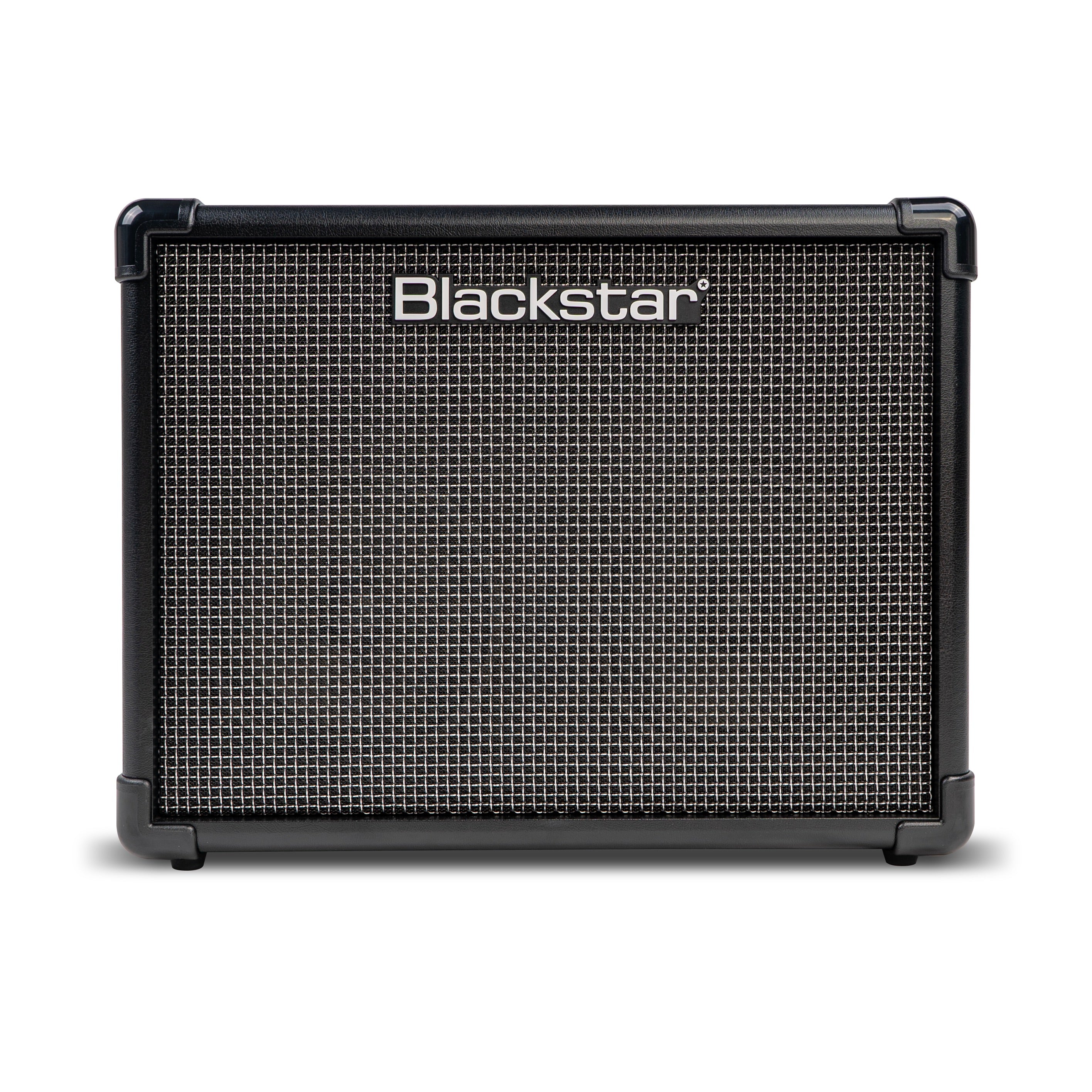 Blackstar amplifier with a black rectangular cabinet and silver logo on a metal grille front. Four protective corner caps are visible.
