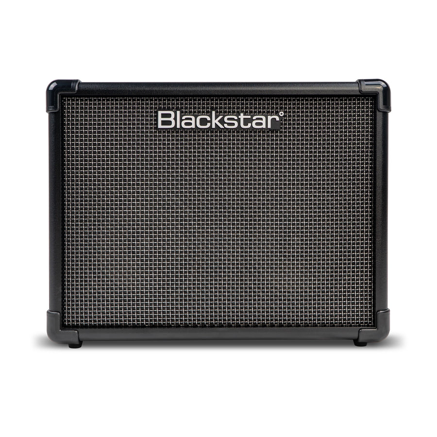 Blackstar amplifier with a black rectangular cabinet and silver logo on a metal grille front. Four protective corner caps are visible.