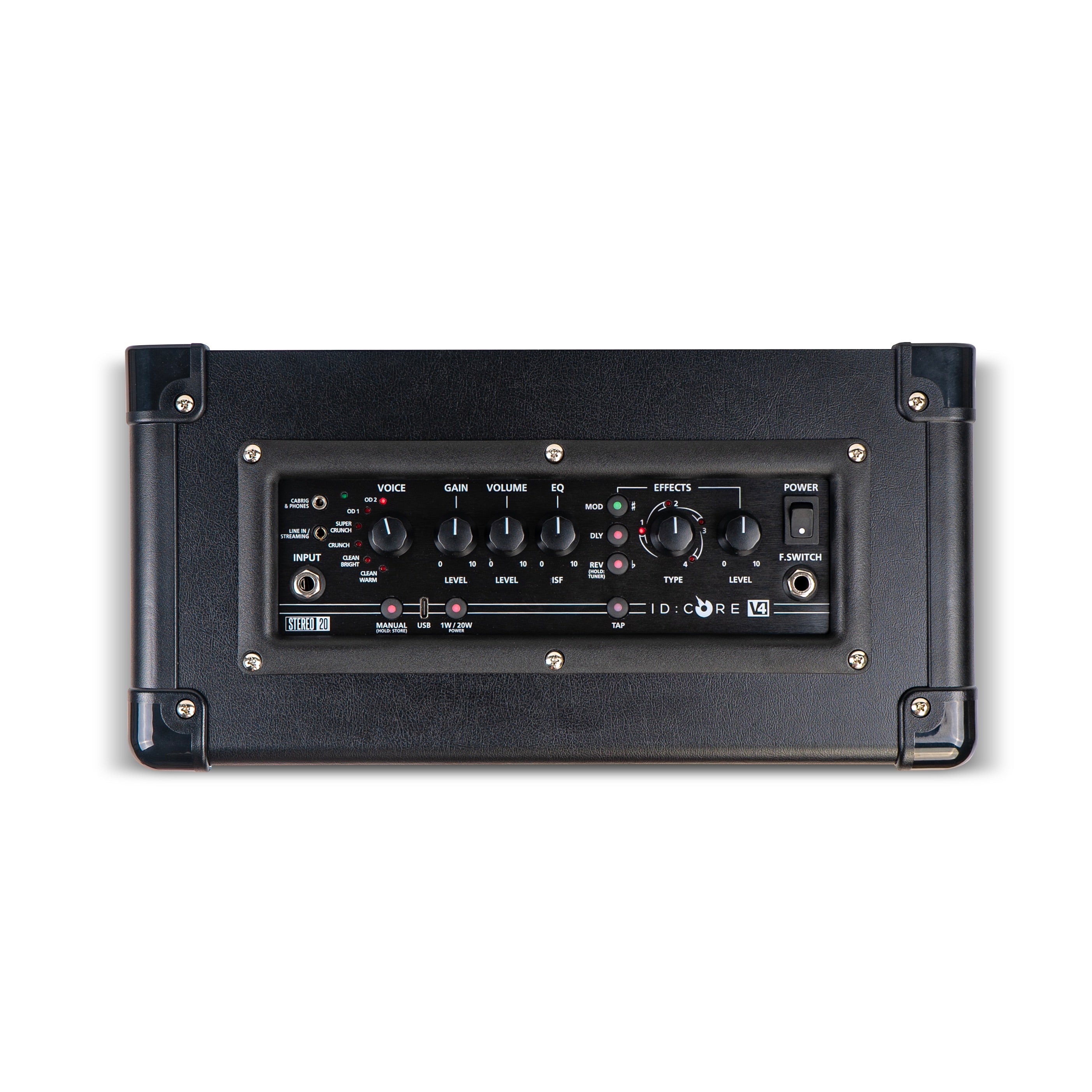 Rectangular amplifier with black casing, top control panel has knobs for voice, gain, volume, EQ, effects, input jack, power switch, and various buttons.