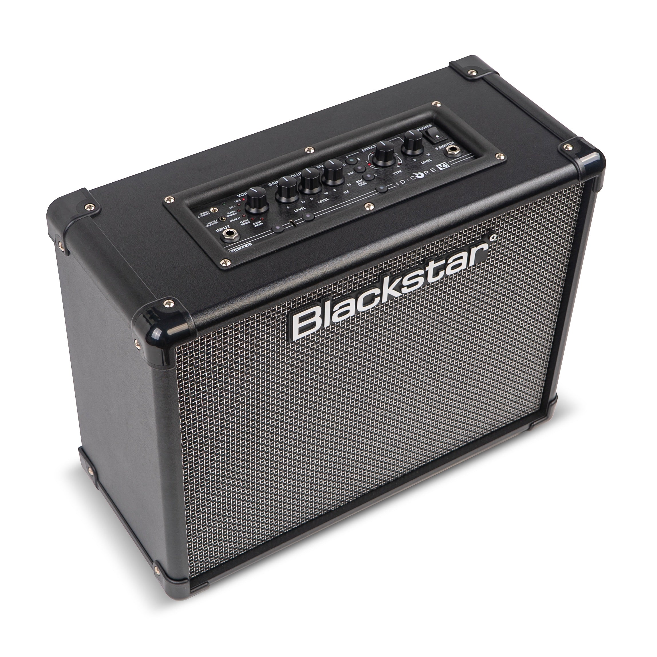 Blackstar amplifier with a black exterior, silver mesh grille, control knobs and input jacks on a top-mounted panel.
