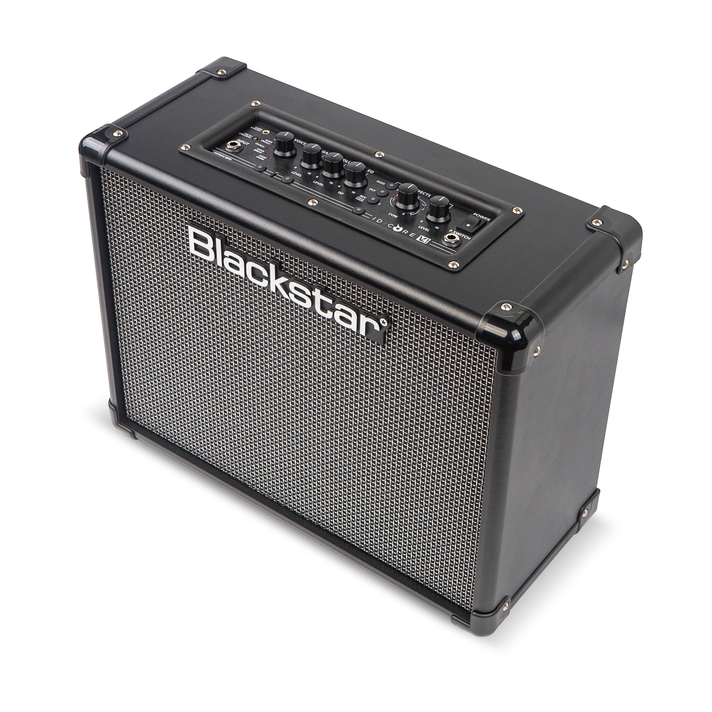 Blackstar amplifier with a metal grille front, black casing, and control knobs along a panel on the top.