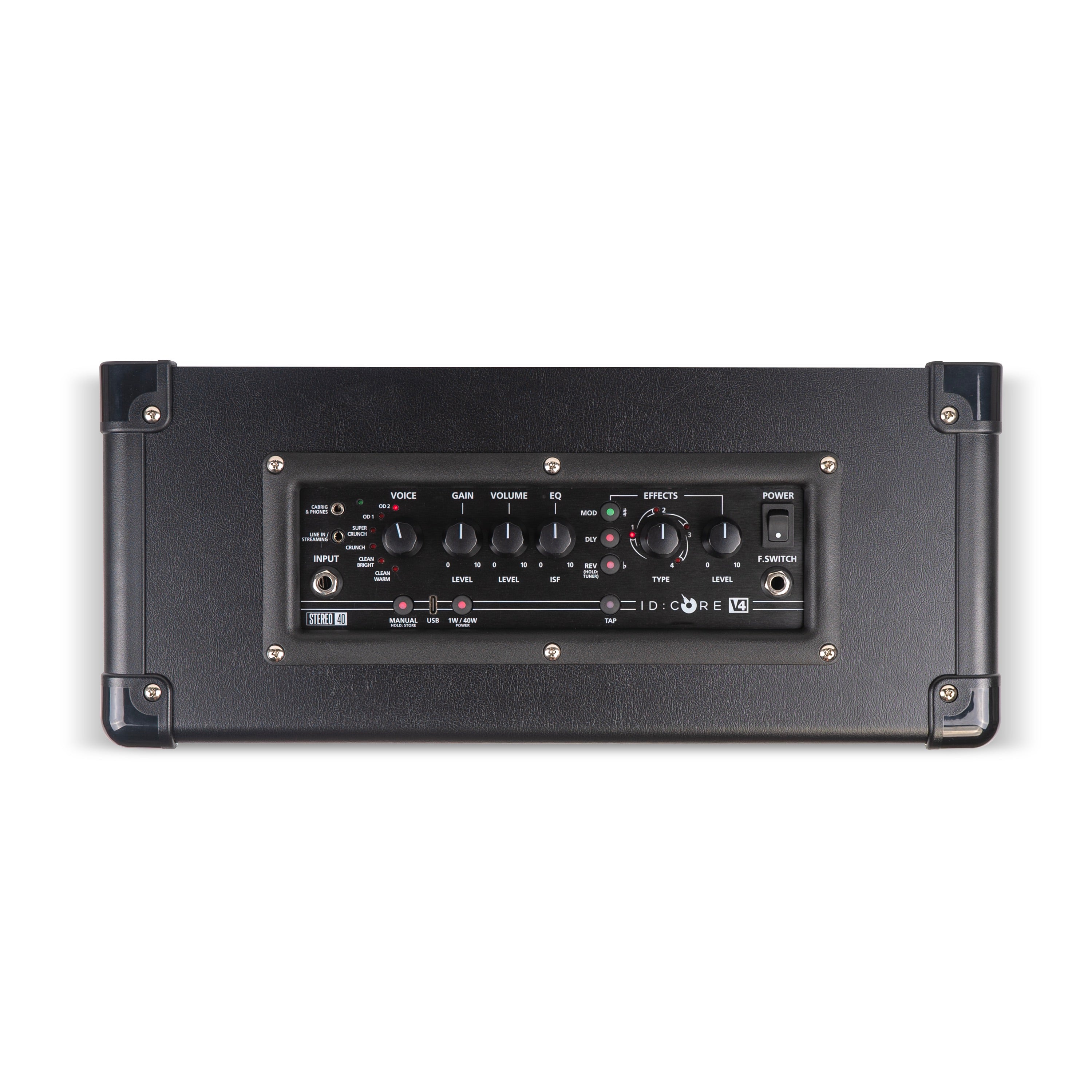 Black amplifier with five main control knobs, several labeled buttons, input jack, power switch, and effects options on a rectangular control panel.