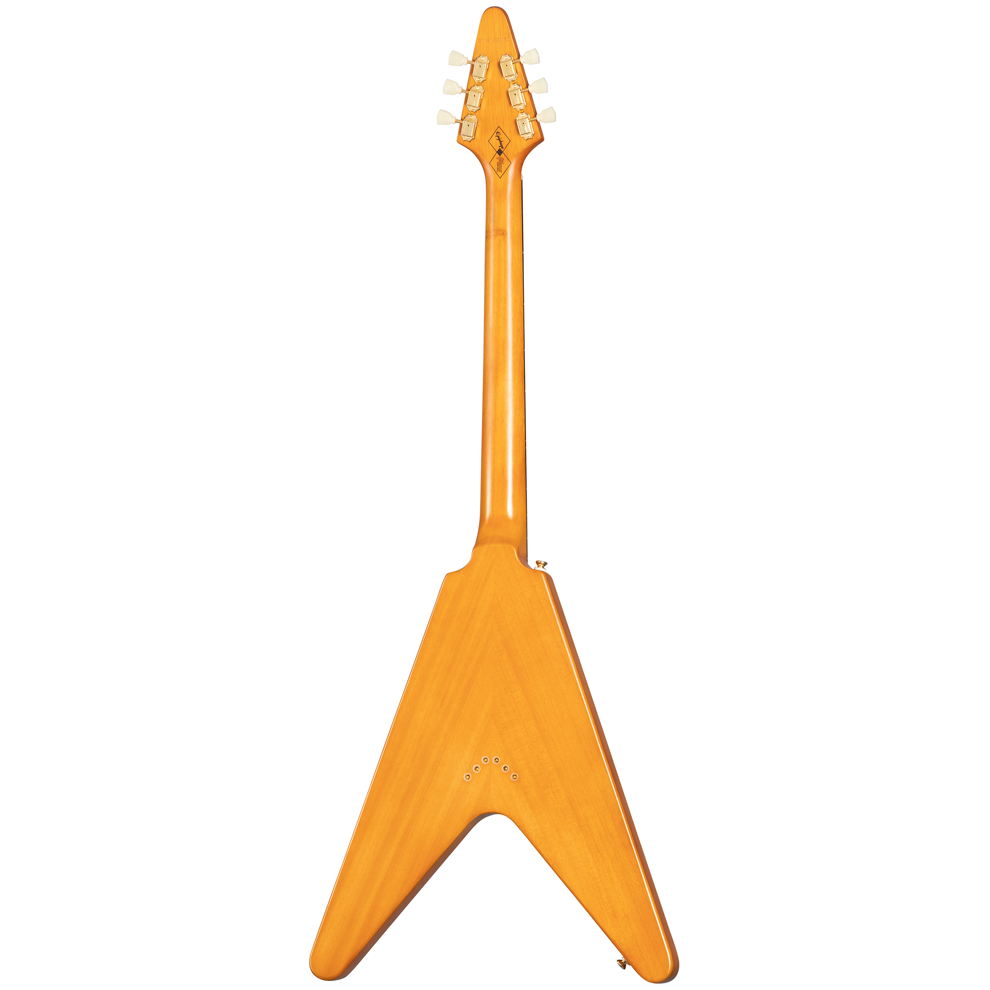 Natural wood-finish electric guitar viewed from the back, featuring a distinctive V-shaped body and six tuning pegs on the headstock.