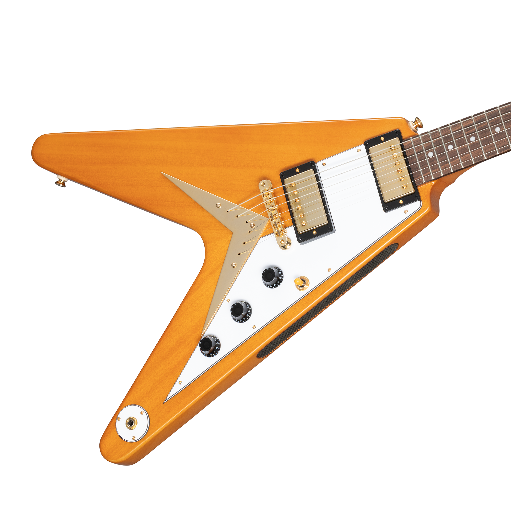 V-shaped electric guitar in natural wood finish with gold hardware, two pickups, black knobs, and a white pickguard featuring a gold accent.