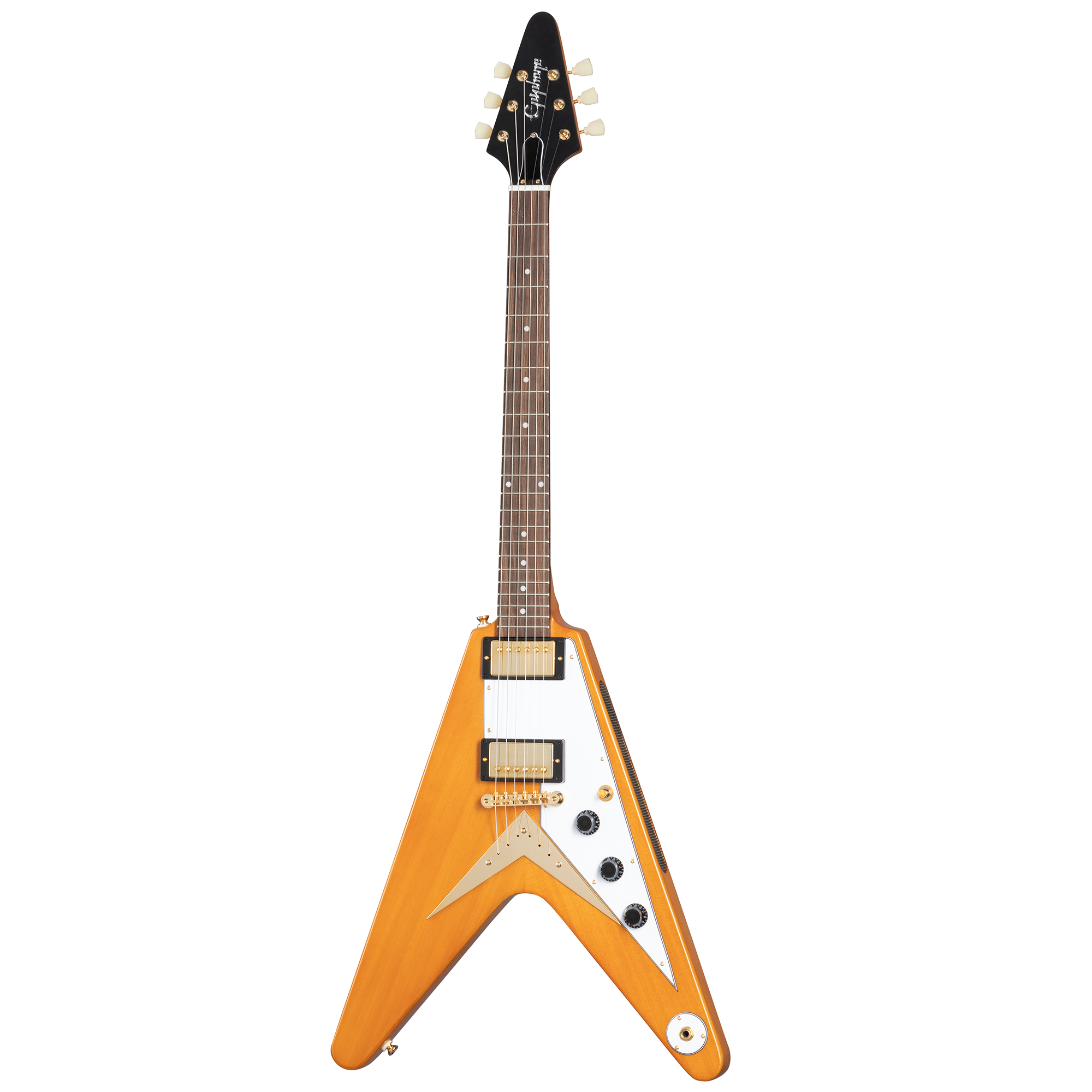 V-shaped electric guitar with a natural wood finish, white pickguard, two humbucker pickups, three control knobs, and a black headstock.