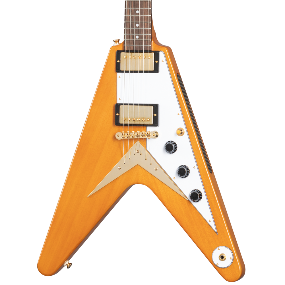 Natural wood finish electric guitar with a V-shaped body, gold hardware, two humbucker pickups, white pickguard, and three black control knobs.