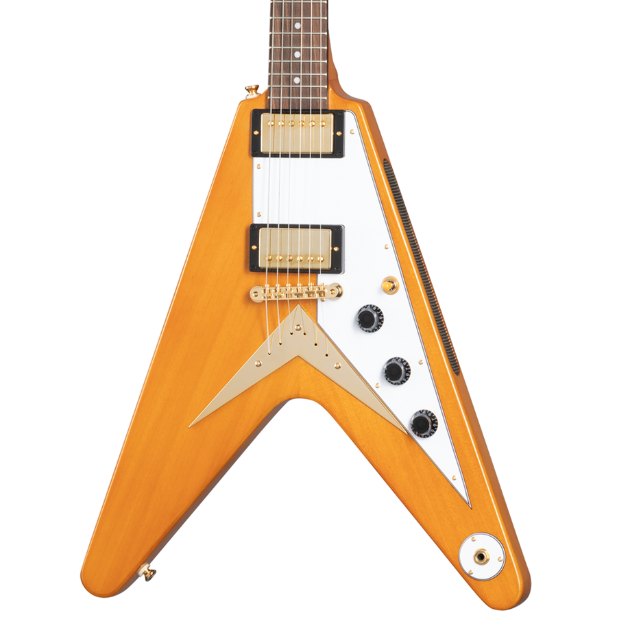 Natural wood finish electric guitar with a V-shaped body, gold hardware, two humbucker pickups, white pickguard, and three black control knobs.