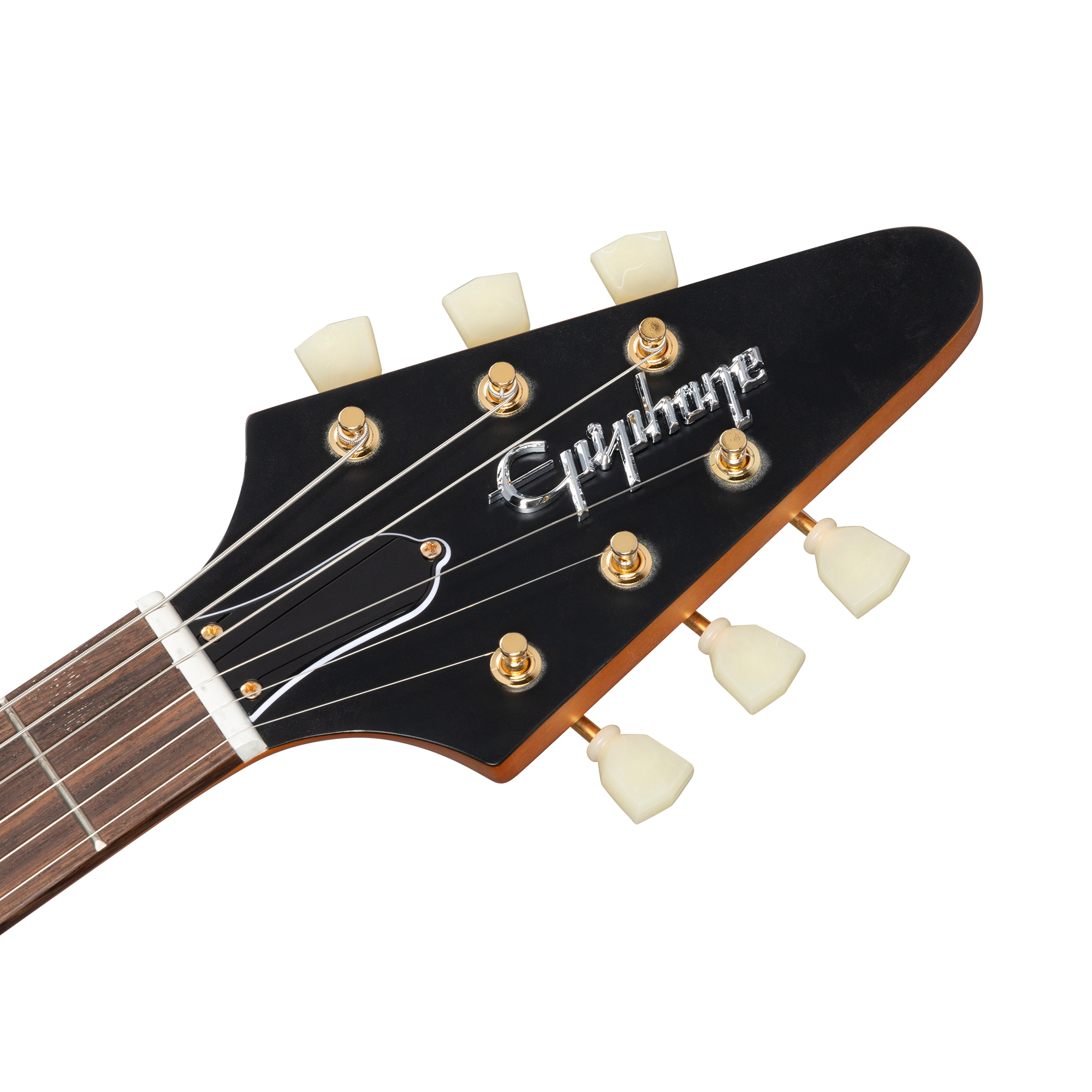 Black Epiphone electric guitar headstock with gold tuning pegs and white knob tuners, showing part of the wood neck and six strings.