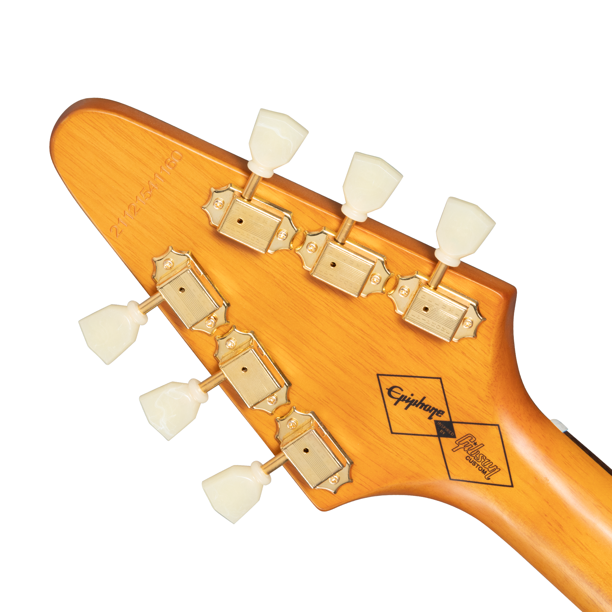 Back of an Epiphone electric guitar headstock, showing six gold tuning pegs with cream knobs and black Epiphone and Gibson logos.
