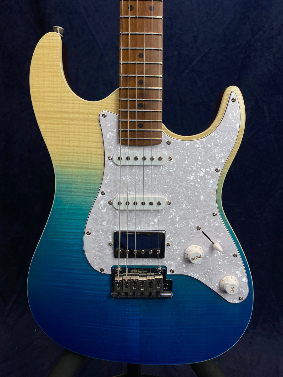 Electric guitar with a glossy body fading from natural wood at the top to deep blue at the bottom, white pickguard, and white knobs.