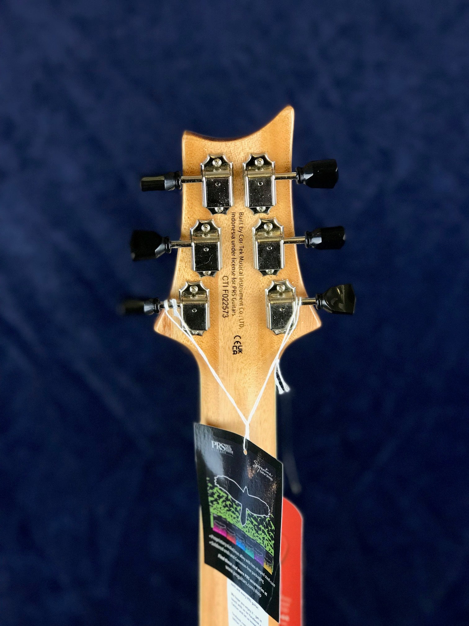 Back of an electric guitar headstock showing six tuning pegs, a natural wood finish, and hanging tags attached with string.