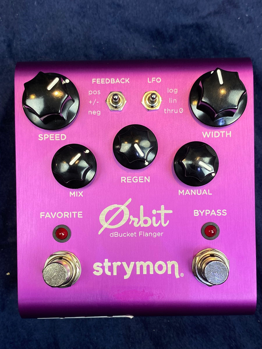 Purple Strymon Orbit dBucket Flanger FX pedal with five knobs, two toggle switches, two footswitches, and labeled controls for sound shaping.