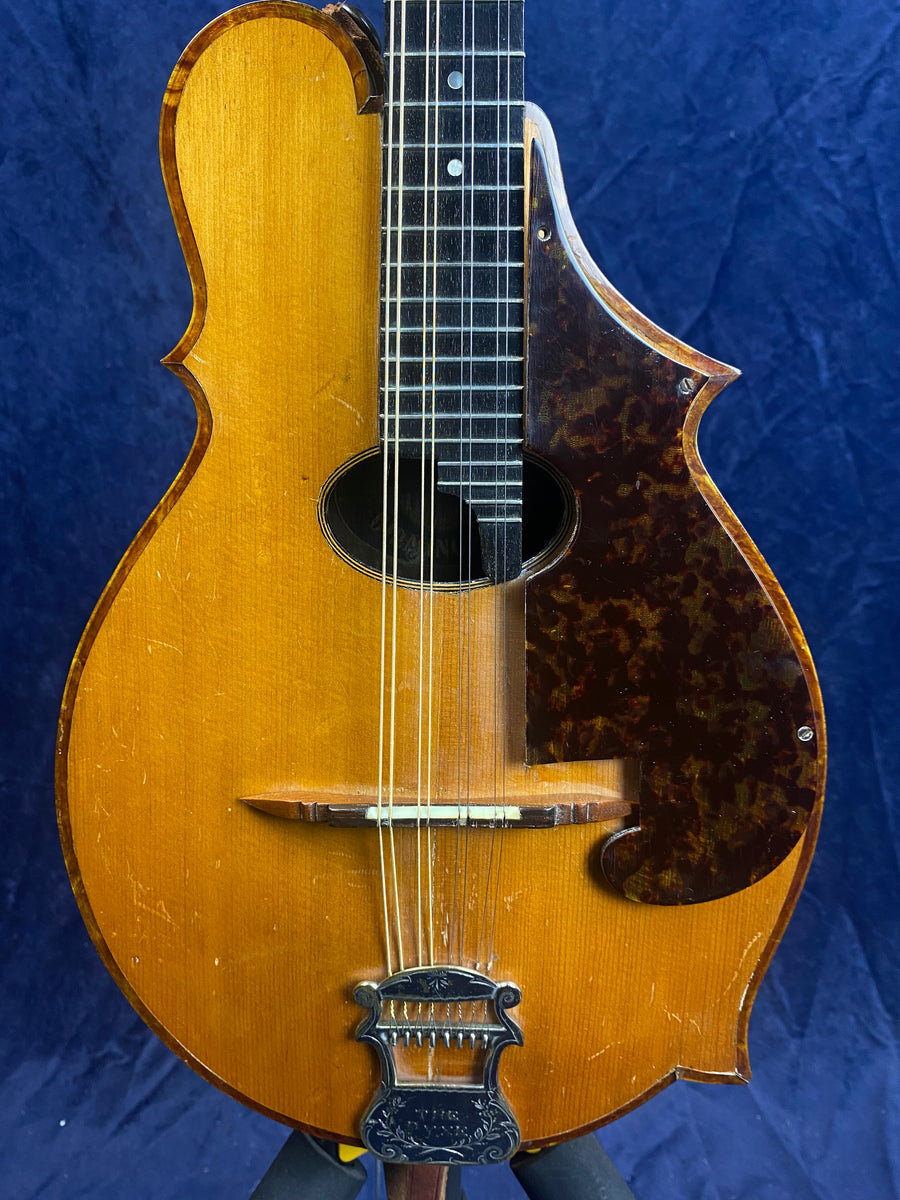 Carved wooden mandolin with a distinctive asymmetrical body shape, eight strings, a dark tortoiseshell-patterned pickguard, and a decorative metal tailpiece.