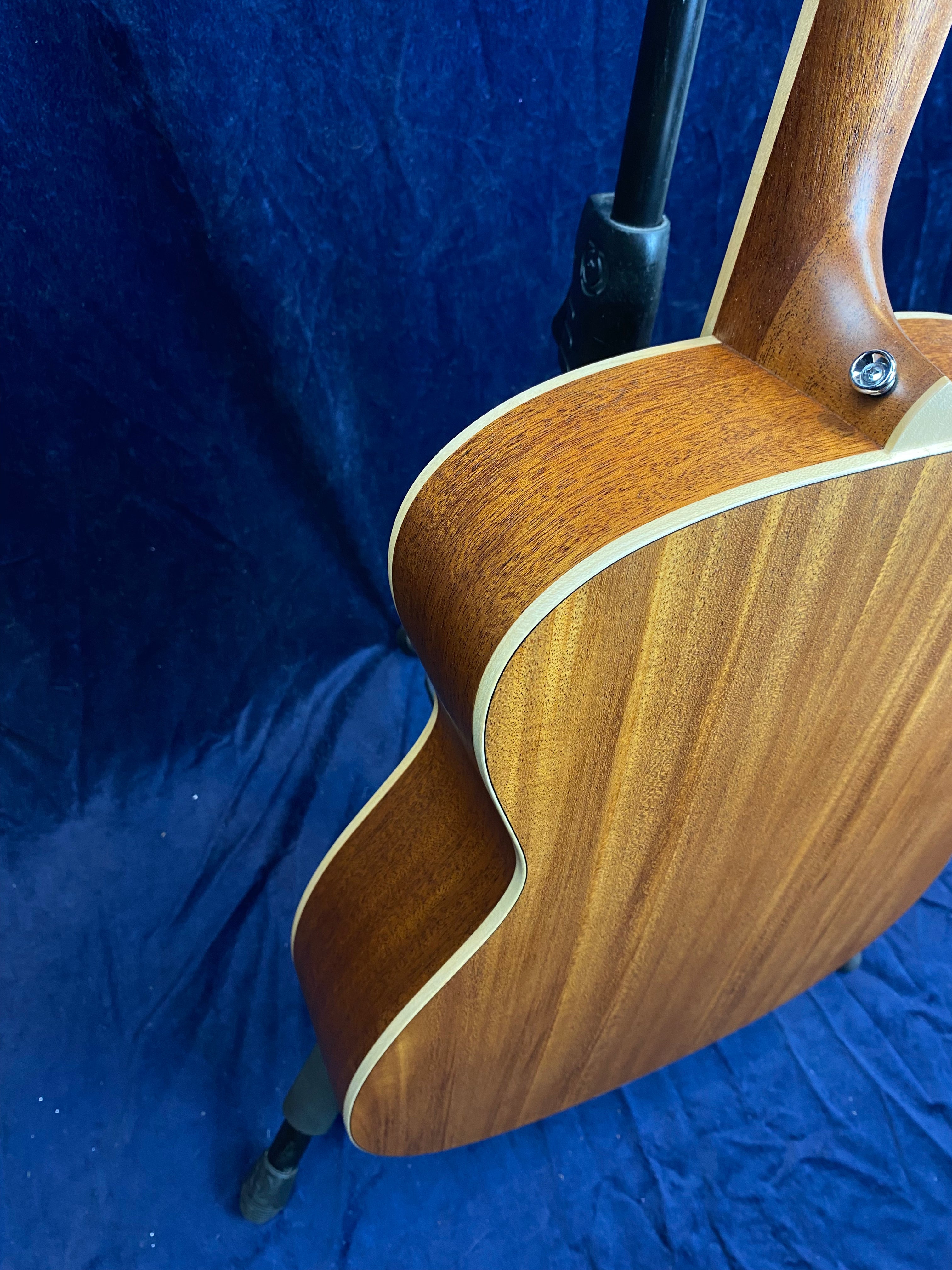 Light brown acoustic guitar body with cream binding, viewed from the back on a stand, against a dark blue fabric background.