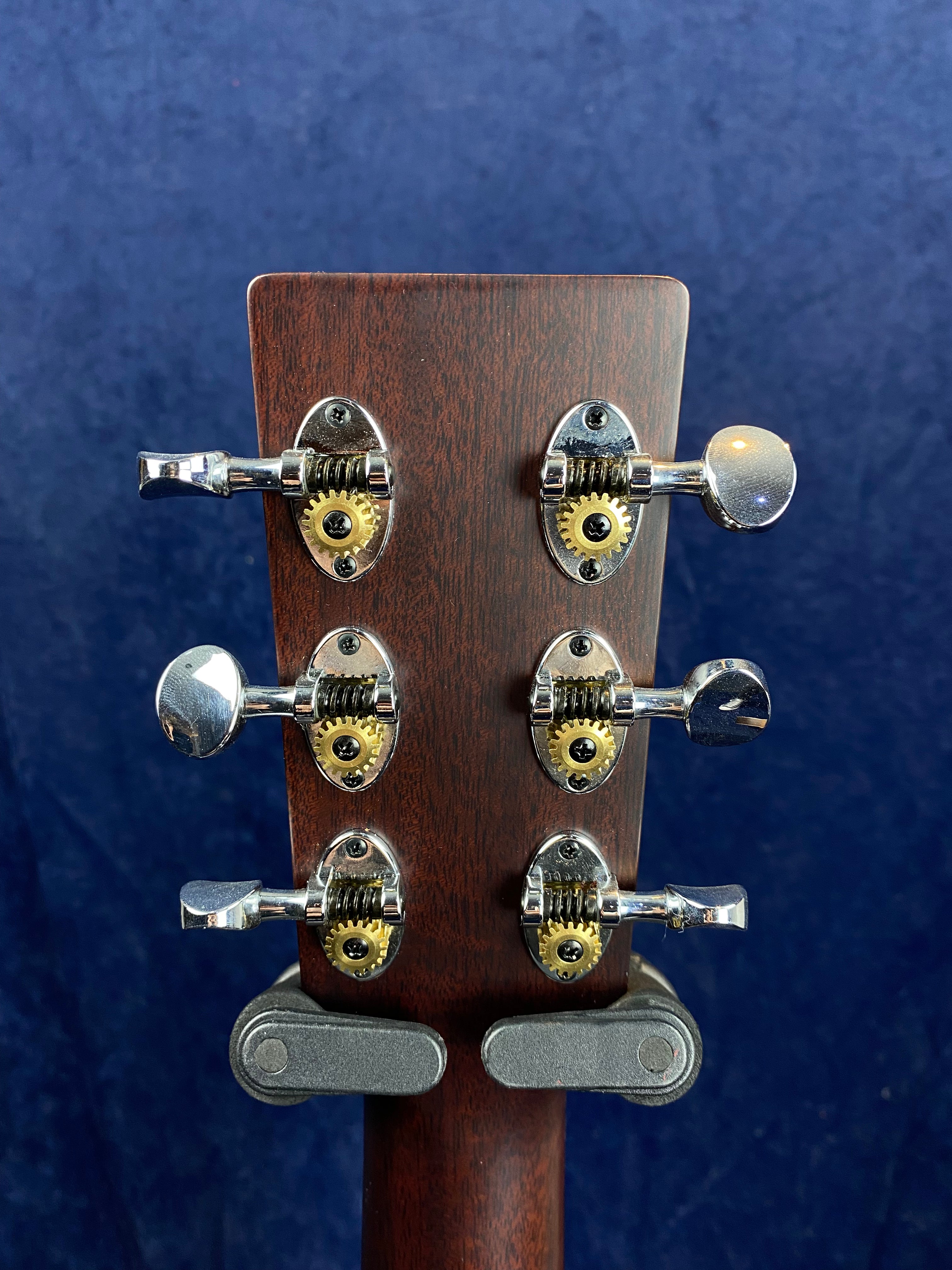 Six silver tuning pegs with exposed brass gears are mounted on the dark wooden headstock of an acoustic guitar, shown against a blue background.