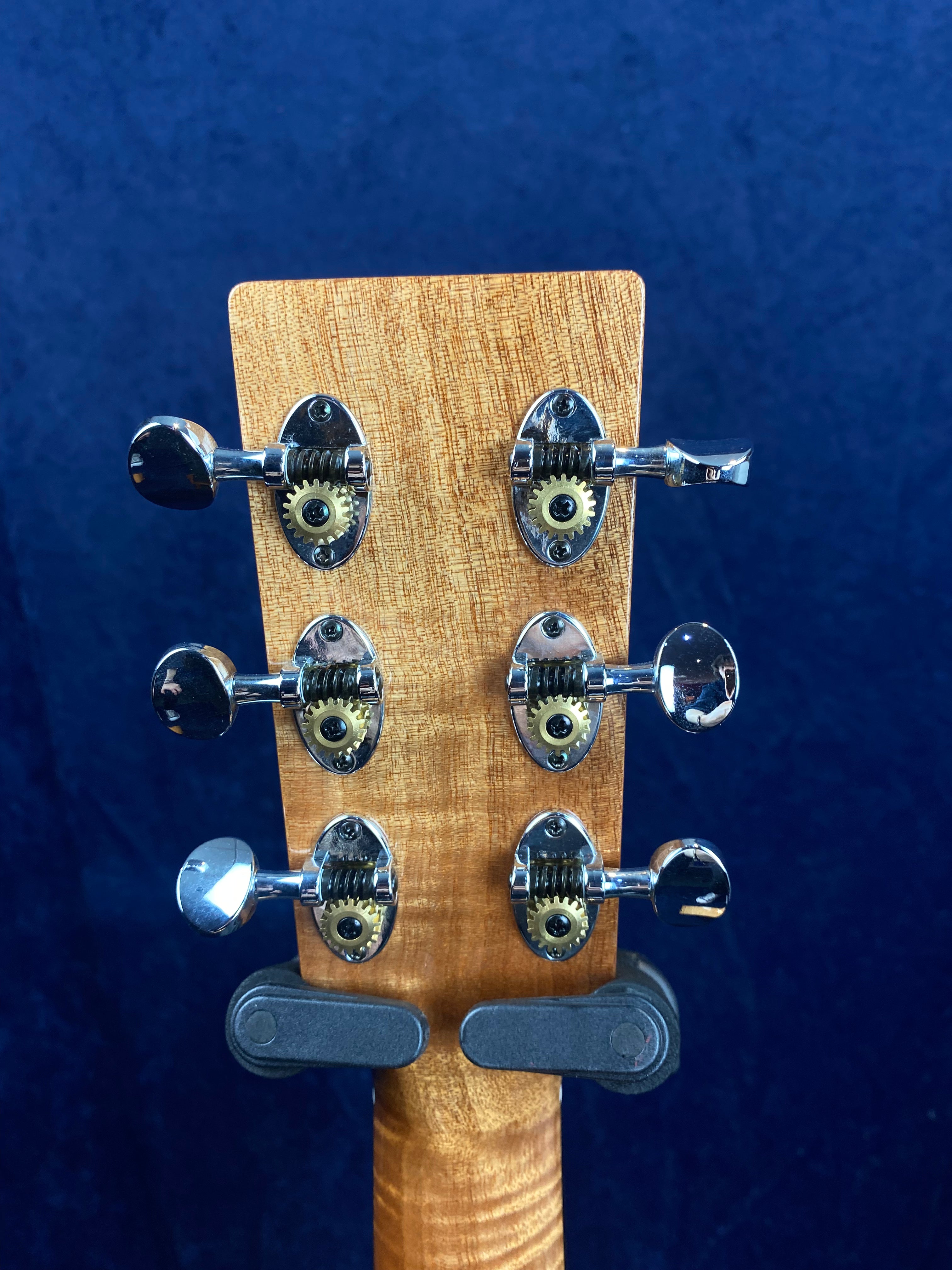 Six chrome tuning pegs on the headstock of a wooden acoustic guitar, viewed from the back, with a blue background.