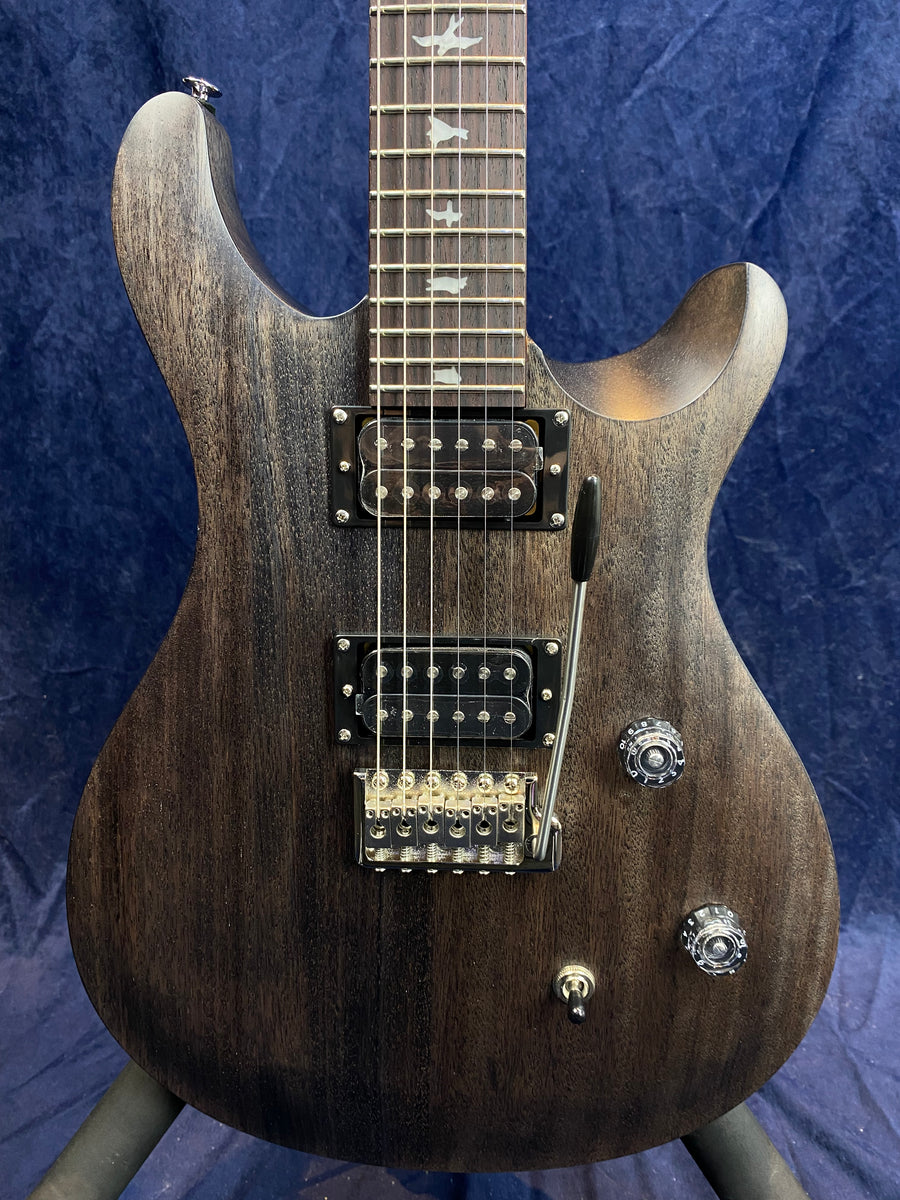 Matte dark brown electric guitar with two humbucker pickups, a tremolo bridge, two clear control knobs, a toggle switch, and bird inlays on the fretboard.