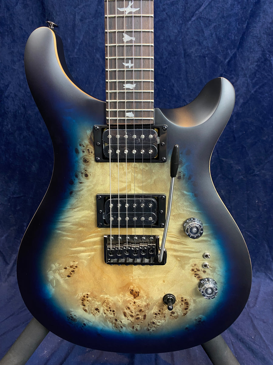 Electric guitar with a natural wood grain center fading to blue edges, dual humbucker pickups, whammy bar, and bird inlays on the fretboard.