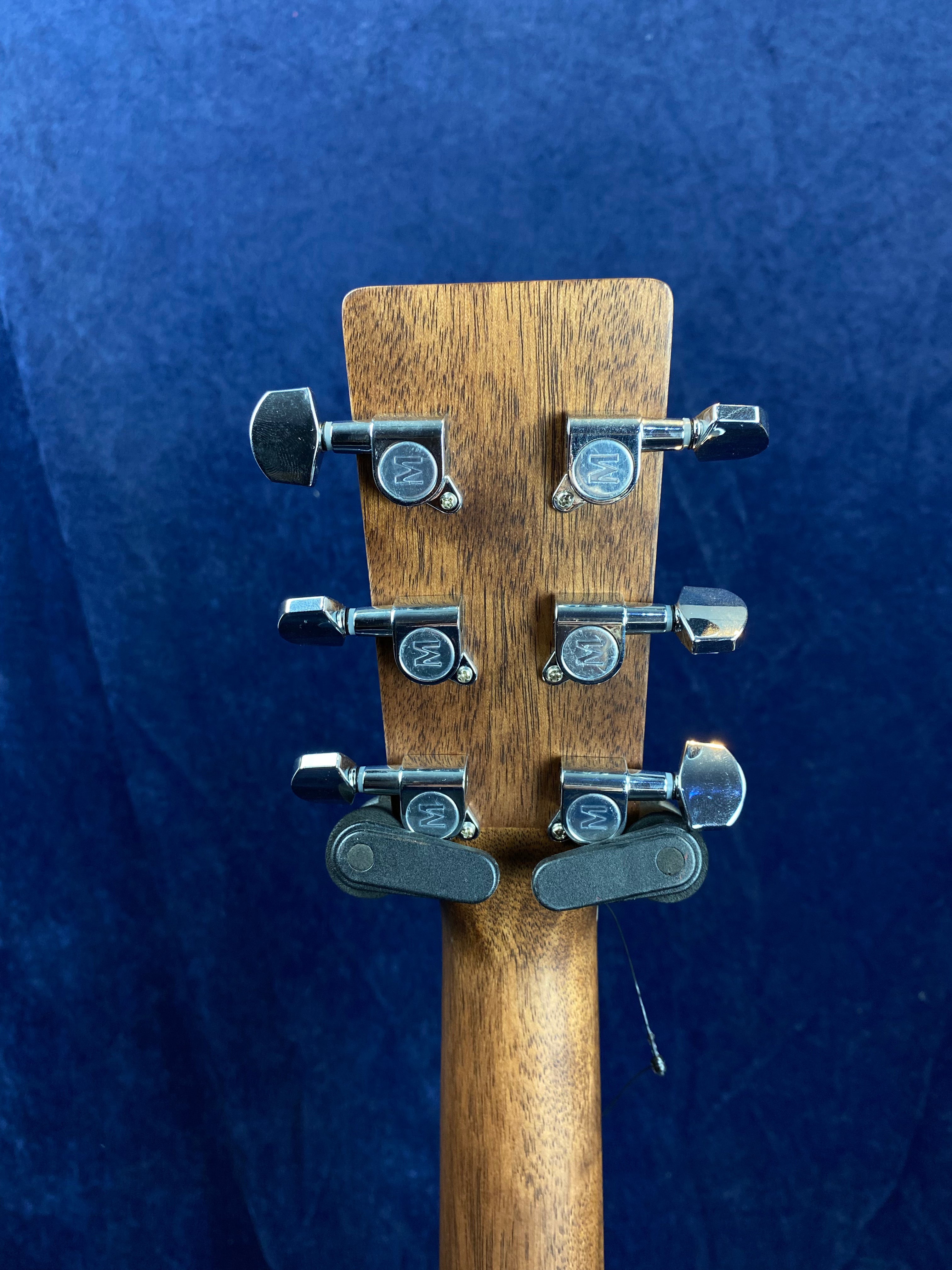 Six chrome tuning pegs with "W" logos are mounted on the back of a wooden acoustic guitar headstock against a blue background.